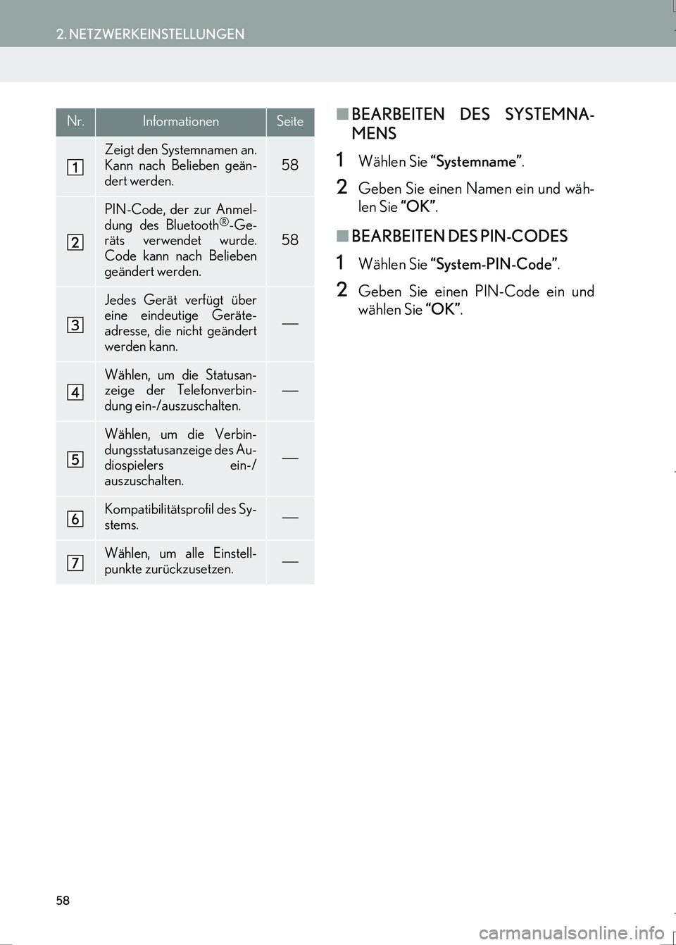Lexus IS300h 2017  Navigationshandbuch (in German) 58
2. NETZWERKEINSTELLUNGEN
IS_Navi_EM
■BEARBEITEN DES SYSTEMNA-
MENS
1Wählen Sie “Systemname”.
2Geben Sie einen Namen ein und wäh-
len Sie “OK”.
■BEARBEITEN DES PIN-CODES
1Wählen Sie 