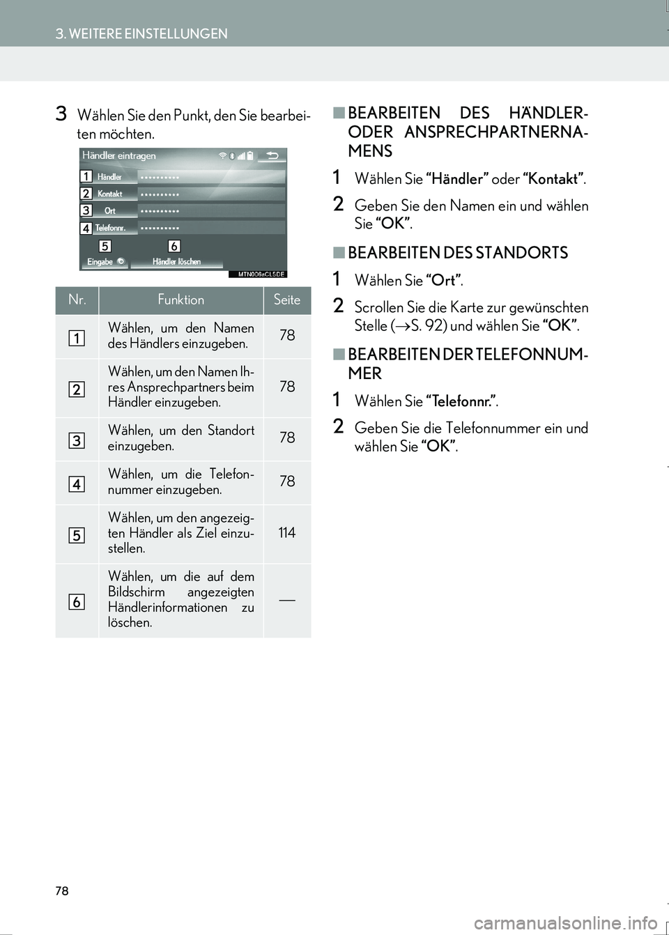 Lexus IS300h 2017 Navigationshandbuch (in German) 78
3. WEITERE EINSTELLUNGEN
LS460_LS600h_Navi_EM
3Wählen Sie den Punkt, den Sie bearbei-
ten möchten.■BEARBEITEN DES HÄNDLER-
ODER ANSPRECHPARTNERNA-
MENS
1Wählen Sie “Händler” oder “Kont Lexus IS300h 2017 Navigationshandbuch (in German) 78
3. WEITERE EINSTELLUNGEN
LS460_LS600h_Navi_EM
3Wählen Sie den Punkt, den Sie bearbei-
ten möchten.■BEARBEITEN DES HÄNDLER-
ODER ANSPRECHPARTNERNA-
MENS
1Wählen Sie “Händler” oder “Kont