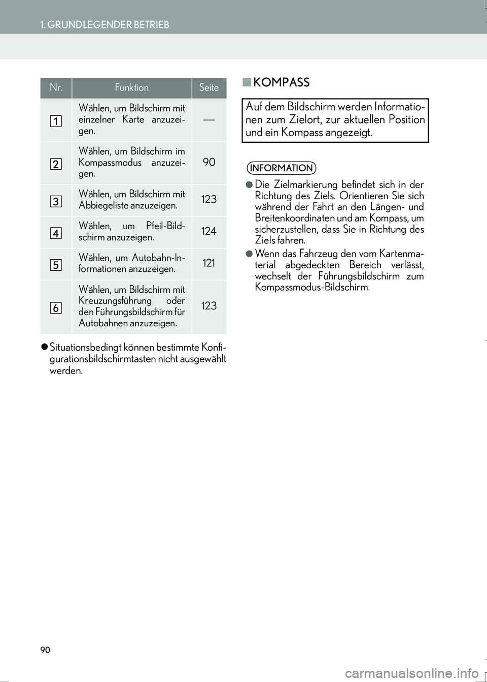 Lexus IS300h 2017  Navigationshandbuch (in German) 90
1. GRUNDLEGENDER BETRIEB
IS_Navi_EM
�zSituationsbedingt können bestimmte Konfi-
gurationsbildschirmtasten nicht ausgewählt
werden.
■KOMPASSNr.FunktionSeite
Wählen, um Bildschirm mit
einzelner 