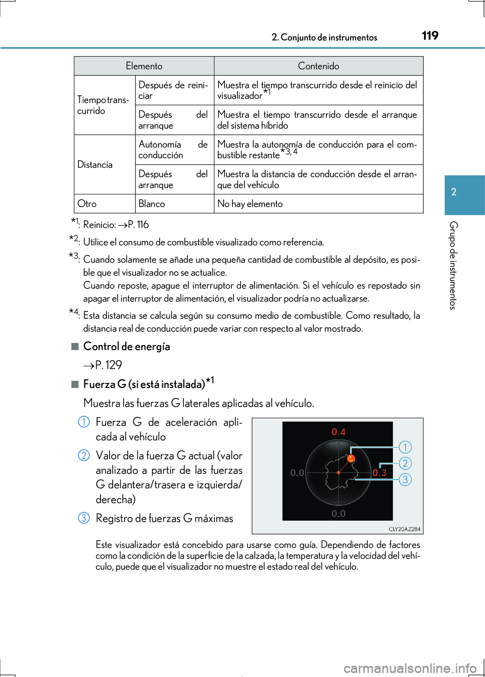 Lexus IS300h 2017 Manual del propietario (in Spanish) 1192. Conjunto de instrumentos
2
Grupo de instrumentos
IS300h_ES(OM53D92S)
*1:Reinicio: P. 116
*2: Utilice el consumo de combustible visualizado como referencia.
*3: Cuando solamente se añade una Lexus IS300h 2017 Manual del propietario (in Spanish) 1192. Conjunto de instrumentos
2
Grupo de instrumentos
IS300h_ES(OM53D92S)
*1:Reinicio: P. 116
*2: Utilice el consumo de combustible visualizado como referencia.
*3: Cuando solamente se añade una