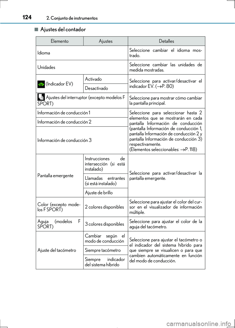 Lexus IS300h 2017 Manual del propietario (in Spanish) 1242. Conjunto de instrumentos
IS300h_ES(OM53D92S)■
Ajustes del contador
ElementoAjustesDetalles
Idioma Seleccione cambiar el idioma mos-
trado.
UnidadesSeleccione cambiar las unidades de
medida mos Lexus IS300h 2017 Manual del propietario (in Spanish) 1242. Conjunto de instrumentos
IS300h_ES(OM53D92S)■
Ajustes del contador
ElementoAjustesDetalles
Idioma Seleccione cambiar el idioma mos-
trado.
UnidadesSeleccione cambiar las unidades de
medida mos