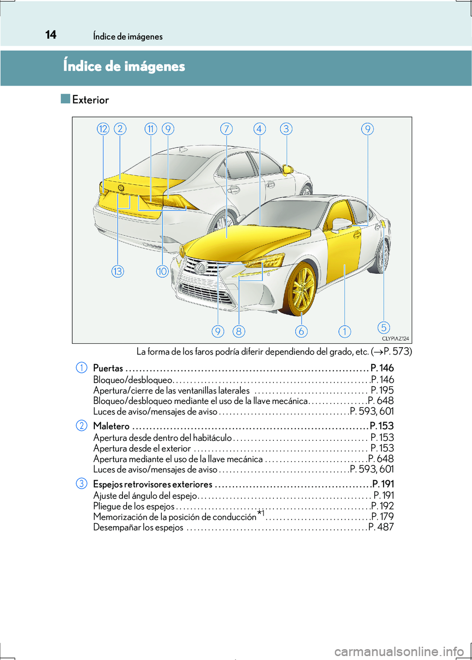 Lexus IS300h 2017  Manual del propietario (in Spanish) 14
IS300h_ES(OM53D92S)
Índice de imágenes
Índice de imágenes
■Exterior
La forma de los faros podría diferir dependiendo del grado, etc. (P. 573)
Puertas  . . . . . . . . . . . . . . . . . . 