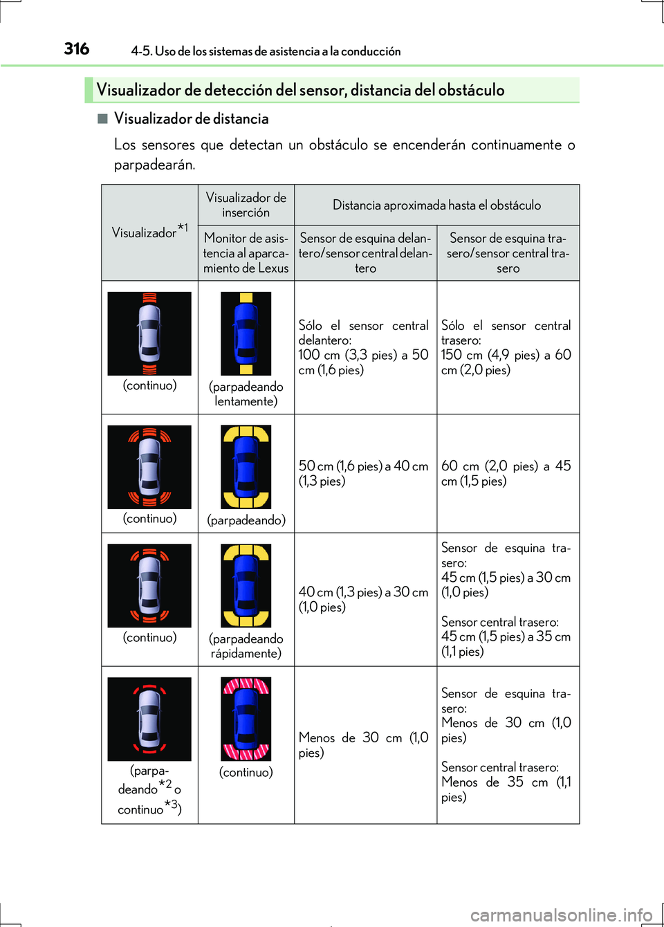 Lexus IS300h 2017 Manual del propietario (in Spanish) 3164-5. Uso de los sistemas de asistencia a la conducción
IS300h_ES(OM53D92S)■
Visualizador de distancia
Los sensores que detectan un obstáculo se encenderán continuamente o
parpadearán.
Visuali Lexus IS300h 2017 Manual del propietario (in Spanish) 3164-5. Uso de los sistemas de asistencia a la conducción
IS300h_ES(OM53D92S)■
Visualizador de distancia
Los sensores que detectan un obstáculo se encenderán continuamente o
parpadearán.
Visuali
