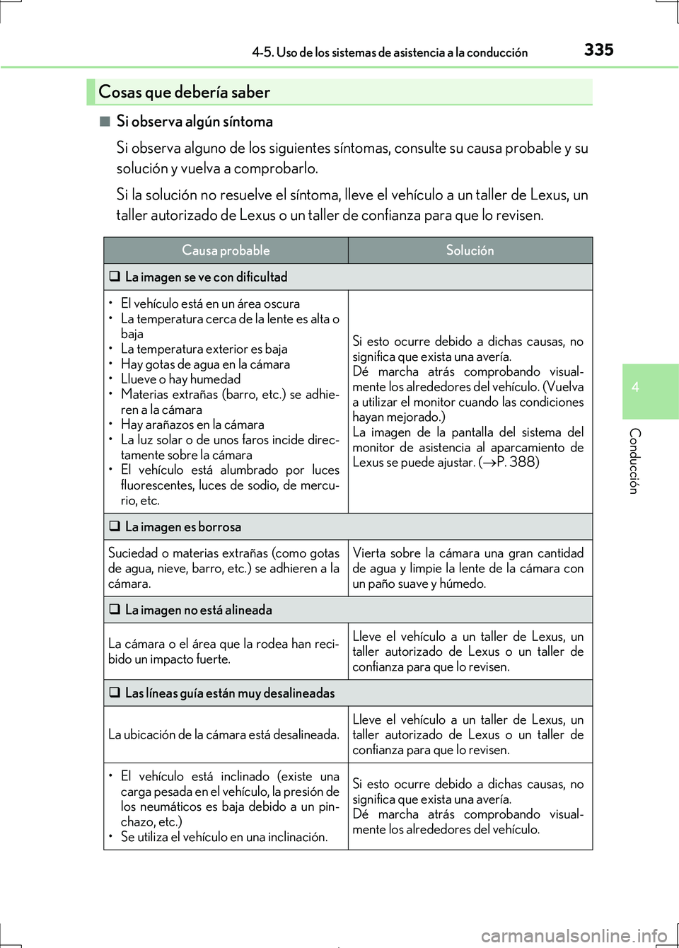 Lexus IS300h 2017 Manual del propietario (in Spanish) 3354-5. Uso de los sistemas de asistencia a la conducción
4
Conducción
IS300h_ES(OM53D92S)■
Si observa algún síntoma
Si observa alguno de los siguientes sí
ntomas, consulte su causa probable y Lexus IS300h 2017 Manual del propietario (in Spanish) 3354-5. Uso de los sistemas de asistencia a la conducción
4
Conducción
IS300h_ES(OM53D92S)■
Si observa algún síntoma
Si observa alguno de los siguientes sí
ntomas, consulte su causa probable y