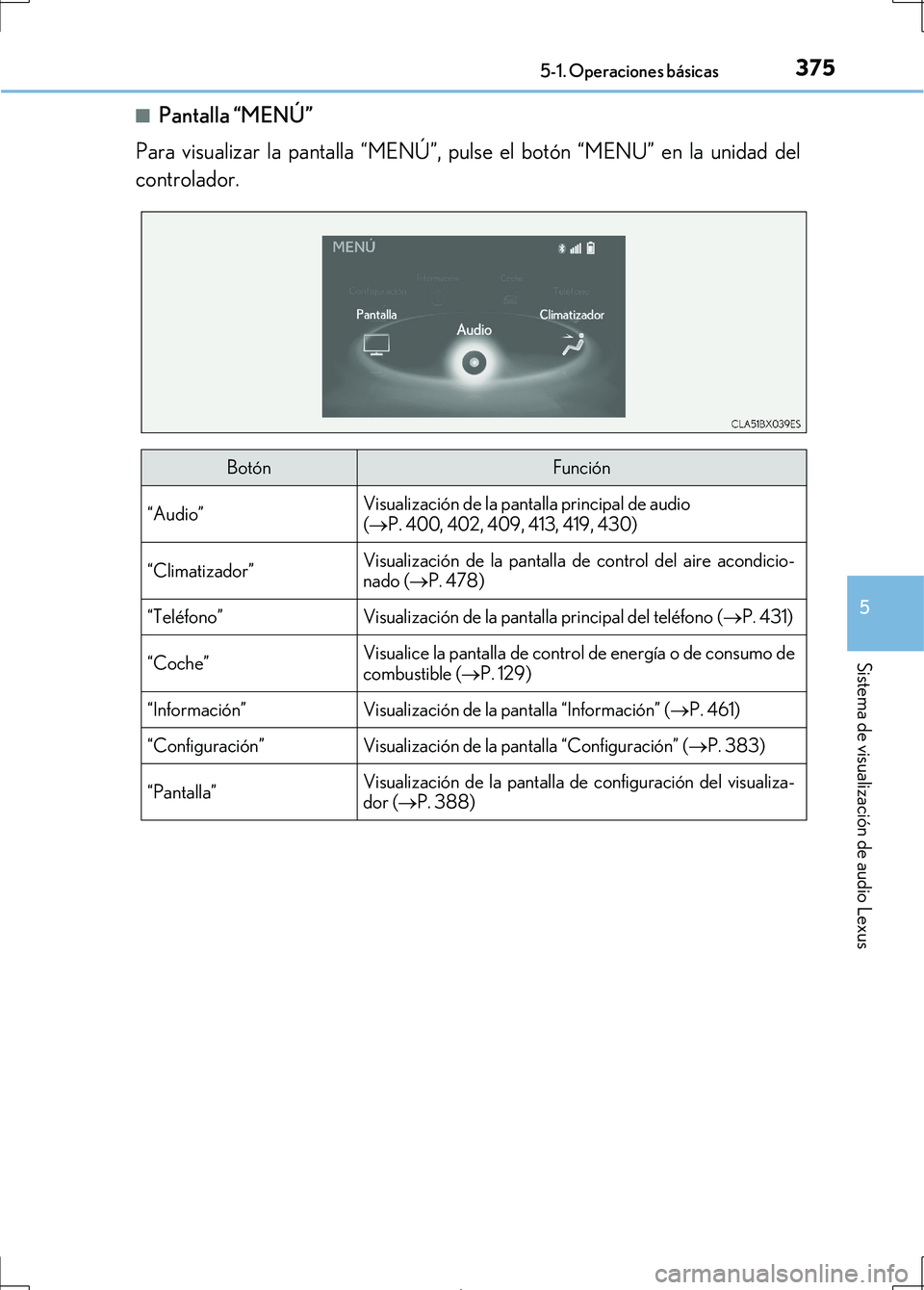 Lexus IS300h 2017 Manual del propietario (in Spanish) 3755-1. Operaciones básicas
5
Sistema de visualización de audio Lexus
IS300h_ES(OM53D92S)■
Pantalla “MENÚ”
Para visualizar la pantalla “MENÚ”, pulse el botón “MENU” en la unidad del Lexus IS300h 2017 Manual del propietario (in Spanish) 3755-1. Operaciones básicas
5
Sistema de visualización de audio Lexus
IS300h_ES(OM53D92S)■
Pantalla “MENÚ”
Para visualizar la pantalla “MENÚ”, pulse el botón “MENU” en la unidad del