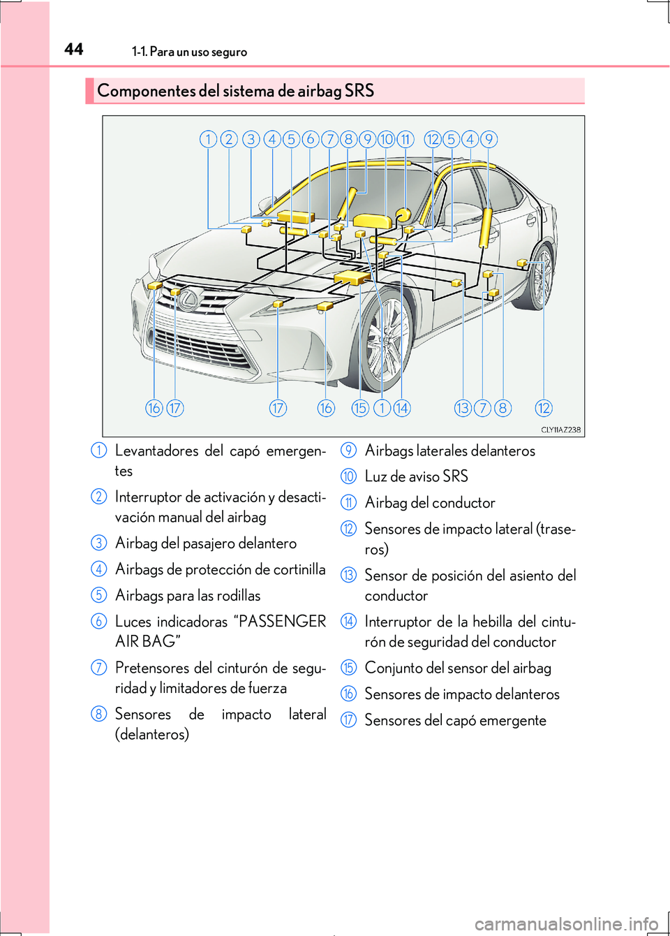 Lexus IS300h 2017 Manual del propietario (in Spanish) 441-1. Para un uso seguro
IS300h_ES(OM53D92S)
Componentes del sistema de airbag SRS
Levantadores del capó emergen-
tes
Interruptor de activación y desacti-
vación manual del airbag
Airbag del pasaj Lexus IS300h 2017 Manual del propietario (in Spanish) 441-1. Para un uso seguro
IS300h_ES(OM53D92S)
Componentes del sistema de airbag SRS
Levantadores del capó emergen-
tes
Interruptor de activación y desacti-
vación manual del airbag
Airbag del pasaj