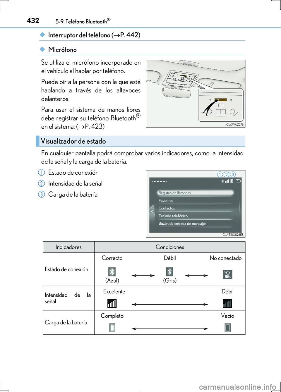 Lexus IS300h 2017  Manual del propietario (in Spanish) 4325-9. Teléfono Bluetooth®
IS300h_ES(OM53D92S)
◆Interruptor del teléfono (P. 442)
◆Micrófono
Se utiliza el micrófono incorporado en
el vehículo al hablar por teléfono.
Puede oír a la p
