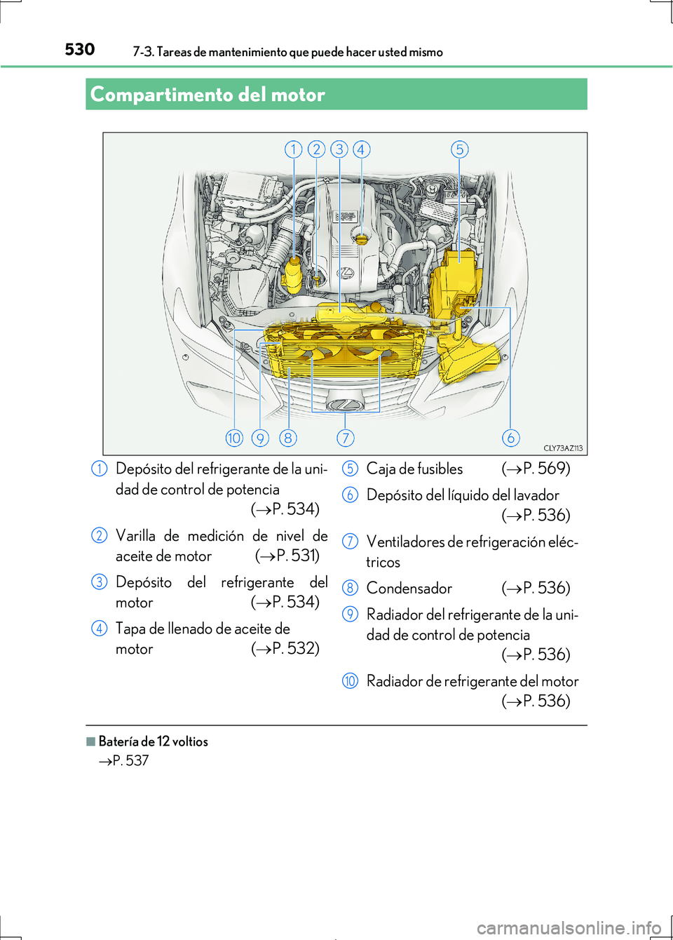 Lexus IS300h 2017 Manual del propietario (in Spanish) 5307-3. Tareas de mantenimiento que puede hacer usted mismo
IS300h_ES(OM53D92S)
■Batería de 12 voltios
P. 537
Compartimento del motor
Depósito del refrigerante de la uni-
dad de control de pote Lexus IS300h 2017 Manual del propietario (in Spanish) 5307-3. Tareas de mantenimiento que puede hacer usted mismo
IS300h_ES(OM53D92S)
■Batería de 12 voltios
P. 537
Compartimento del motor
Depósito del refrigerante de la uni-
dad de control de pote