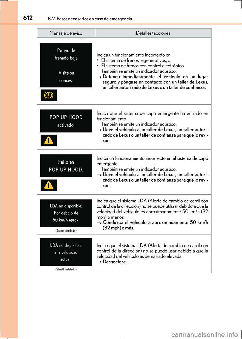 Lexus IS300h 2017 Manual del propietario (in Spanish) 6128-2. Pasos necesarios en caso de emergencia
IS300h_ES(OM53D92S)
Indica un funcionamiento incorrecto en:
• El sistema de frenos regenerativos; o
• El sistema de frenos con control electrónicoTa Lexus IS300h 2017 Manual del propietario (in Spanish) 6128-2. Pasos necesarios en caso de emergencia
IS300h_ES(OM53D92S)
Indica un funcionamiento incorrecto en:
• El sistema de frenos regenerativos; o
• El sistema de frenos con control electrónicoTa