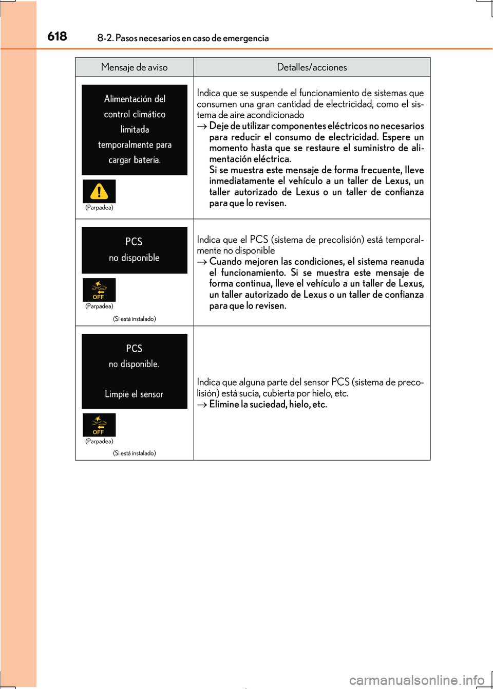 Lexus IS300h 2017 Manual del propietario (in Spanish) 6188-2. Pasos necesarios en caso de emergencia
IS300h_ES(OM53D92S)
Indica que se suspende el funcionamiento de sistemas que
consumen una gran cantidad de electricidad, como el sis-
tema de aire acondi Lexus IS300h 2017 Manual del propietario (in Spanish) 6188-2. Pasos necesarios en caso de emergencia
IS300h_ES(OM53D92S)
Indica que se suspende el funcionamiento de sistemas que
consumen una gran cantidad de electricidad, como el sis-
tema de aire acondi