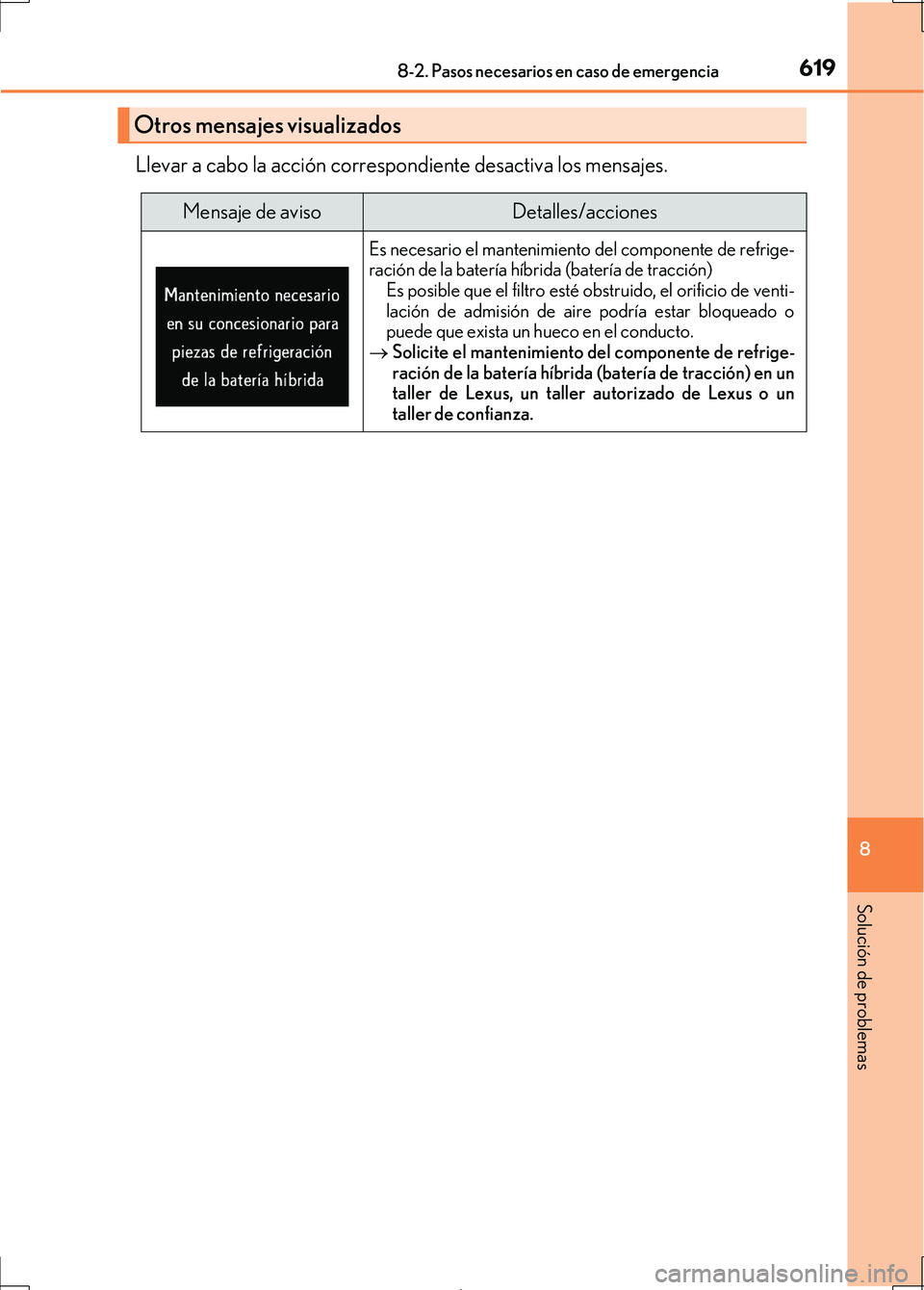 Lexus IS300h 2017 Manual del propietario (in Spanish) 6198-2. Pasos necesarios en caso de emergencia
8
Solución de problemas
IS300h_ES(OM53D92S)
Llevar a cabo la acción correspondiente desactiva los mensajes.
Otros mensajes visualizados
Mensaje de avis Lexus IS300h 2017 Manual del propietario (in Spanish) 6198-2. Pasos necesarios en caso de emergencia
8
Solución de problemas
IS300h_ES(OM53D92S)
Llevar a cabo la acción correspondiente desactiva los mensajes.
Otros mensajes visualizados
Mensaje de avis