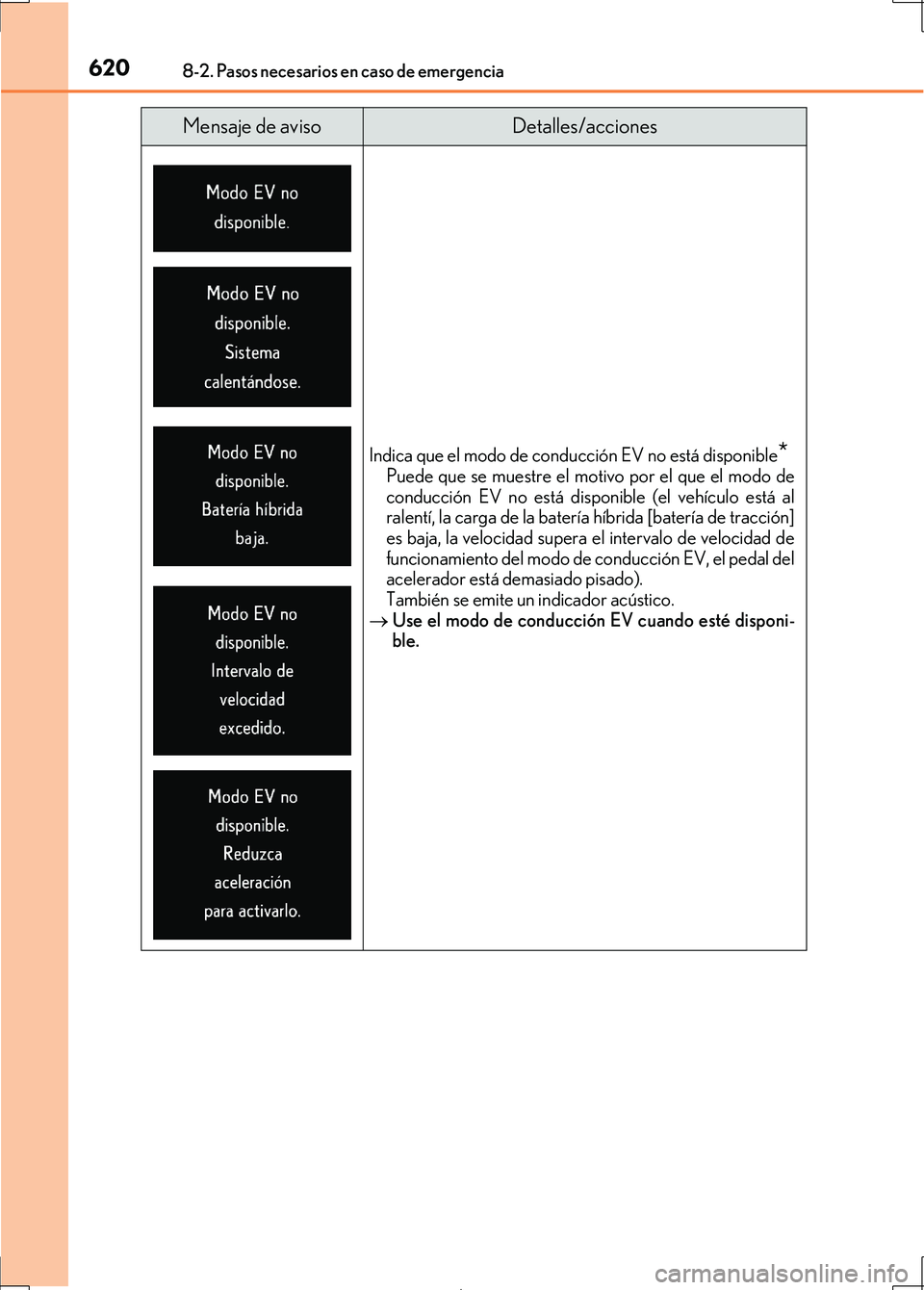 Lexus IS300h 2017 Manual del propietario (in Spanish) 6208-2. Pasos necesarios en caso de emergencia
IS300h_ES(OM53D92S)
Indica que el modo de conducción EV no está disponible*Puede que se muestre el motivo por el que el modo de
conducción EV no está Lexus IS300h 2017 Manual del propietario (in Spanish) 6208-2. Pasos necesarios en caso de emergencia
IS300h_ES(OM53D92S)
Indica que el modo de conducción EV no está disponible*Puede que se muestre el motivo por el que el modo de
conducción EV no está