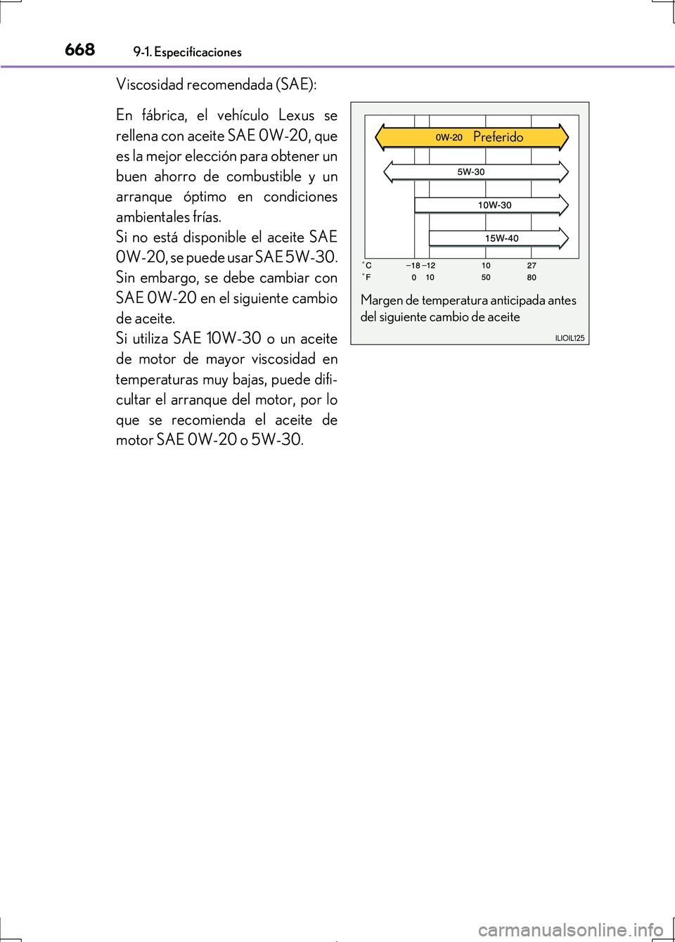 Lexus IS300h 2017 Manual del propietario (in Spanish) 6689-1. Especificaciones
IS300h_ES(OM53D92S)
Viscosidad recomendada (SAE):
En fábrica, el vehículo Lexus se
rellena con aceite SAE 0W-20, que
es la mejor elección para obtener un
buen ahorro de com Lexus IS300h 2017 Manual del propietario (in Spanish) 6689-1. Especificaciones
IS300h_ES(OM53D92S)
Viscosidad recomendada (SAE):
En fábrica, el vehículo Lexus se
rellena con aceite SAE 0W-20, que
es la mejor elección para obtener un
buen ahorro de com