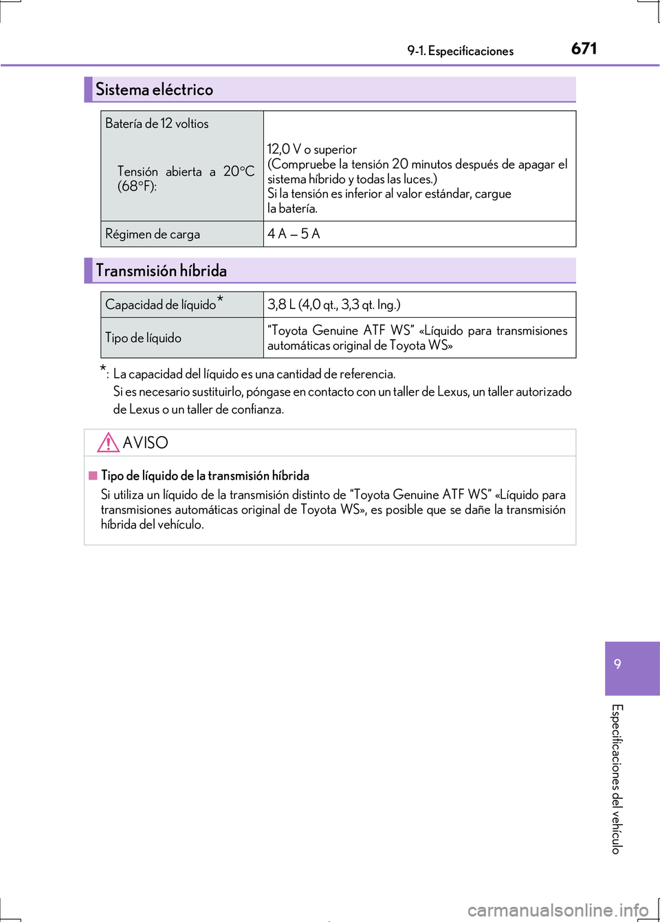 Lexus IS300h 2017  Manual del propietario (in Spanish) 671
9
9-1. Especificaciones
Especificaciones del vehículo
IS300h_ES(OM53D92S)
*: La capacidad del líquido es una cantidad de referencia.
Si es necesario sustituirlo, póngase en contacto con un tall