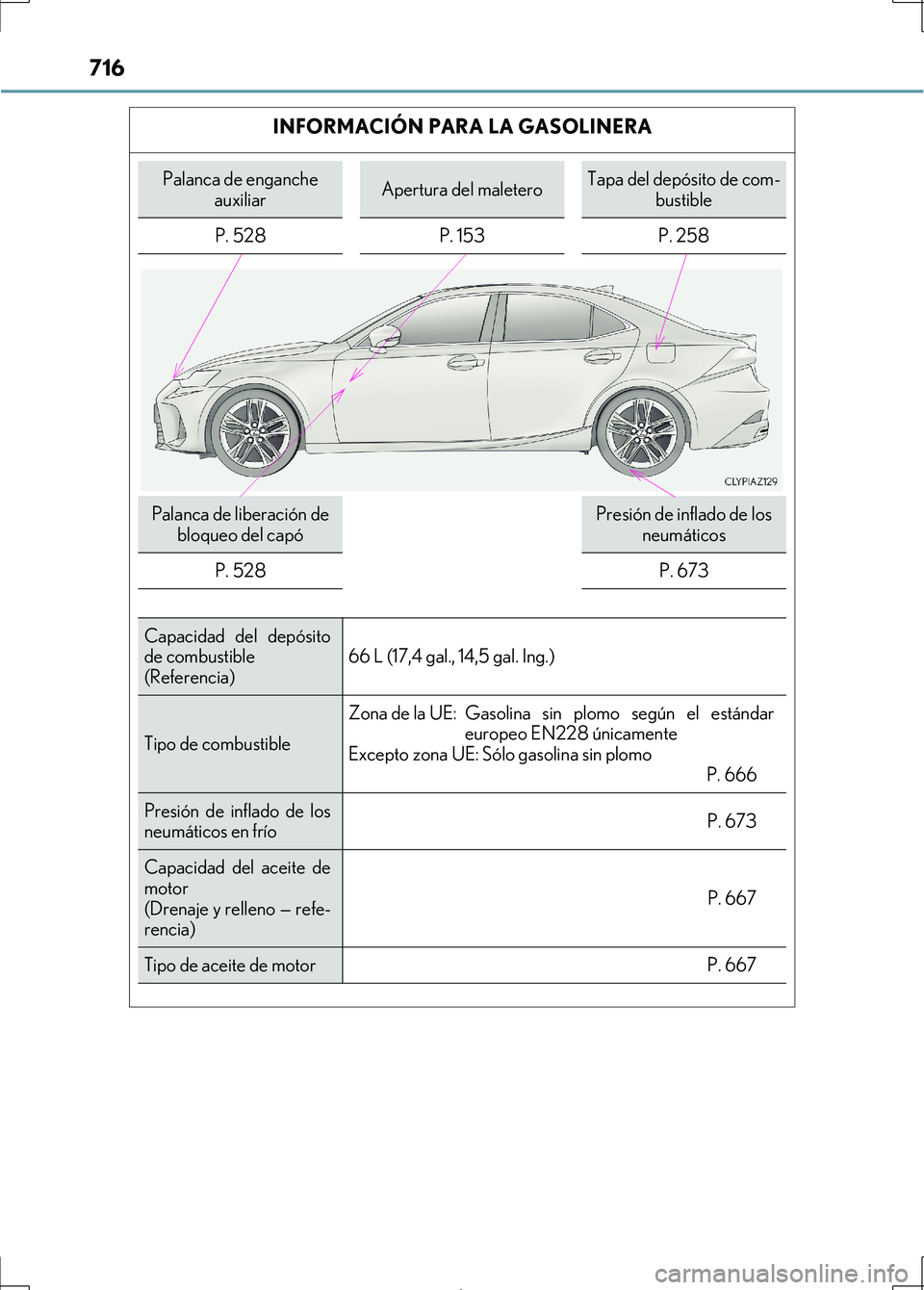 Lexus IS300h 2017 Manual del propietario (in Spanish) 716
IS300h_ES(OM53D92S)
INFORMACIÓN PARA LA GASOLINERA
Palanca de enganche auxiliarApertura del maleteroTapa del depósito de com- bustible
P. 528 P. 153P. 258
Palanca de liberación de
bloqueo del Lexus IS300h 2017 Manual del propietario (in Spanish) 716
IS300h_ES(OM53D92S)
INFORMACIÓN PARA LA GASOLINERA
Palanca de enganche auxiliarApertura del maleteroTapa del depósito de com- bustible
P. 528 P. 153P. 258
Palanca de liberación de
bloqueo del