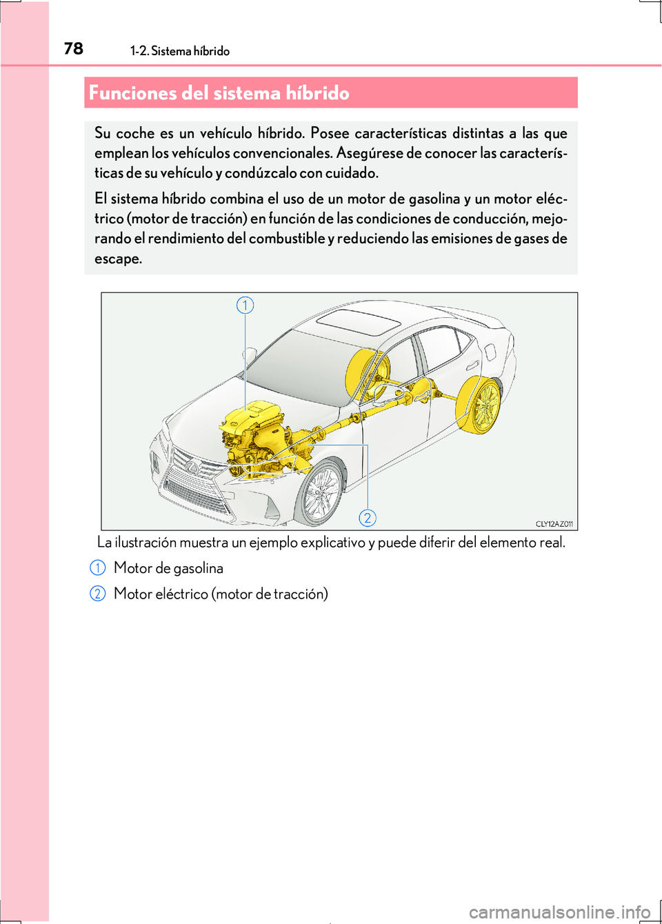 Lexus IS300h 2017 Manual del propietario (in Spanish) 78
IS300h_ES(OM53D92S)
1-2. Sistema híbrido
La ilustración muestra un ejemplo explicativo y puede diferir del elemento real.Motor de gasolina
Motor eléctrico (motor de tracción)
Funciones del sist Lexus IS300h 2017 Manual del propietario (in Spanish) 78
IS300h_ES(OM53D92S)
1-2. Sistema híbrido
La ilustración muestra un ejemplo explicativo y puede diferir del elemento real.Motor de gasolina
Motor eléctrico (motor de tracción)
Funciones del sist