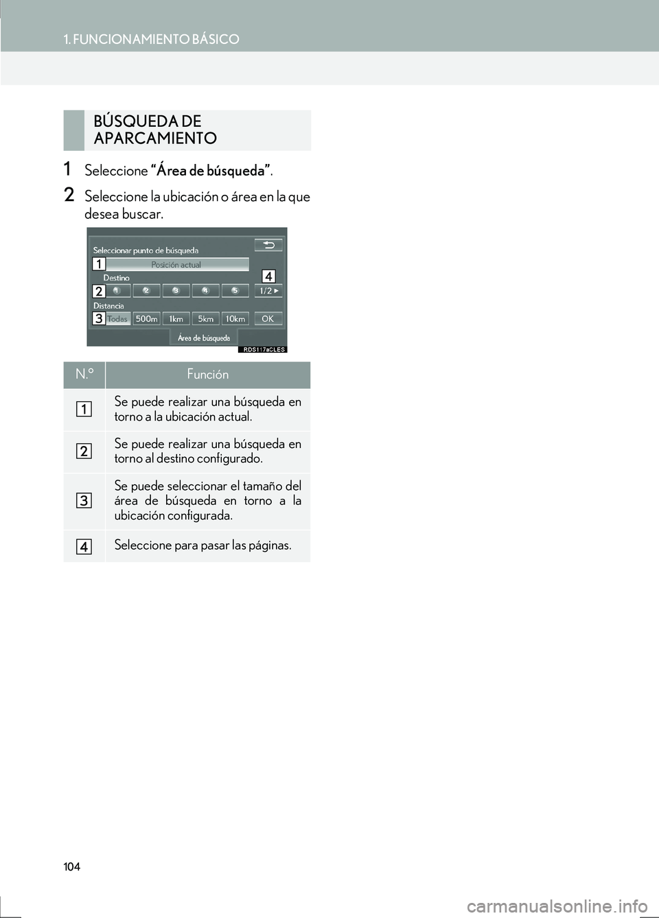 Lexus IS300h 2017 Manual de navegación (in Spanish) 104
1. FUNCIONAMIENTO BÁSICO
IS_Navi_ES
1Seleccione “Área de búsqueda” .
2Seleccione la ubicación o área en la que
desea buscar.
BÚSQUEDA DE
APARCAMIENTO
N.°Función
Se puede realizar una Lexus IS300h 2017 Manual de navegación (in Spanish) 104
1. FUNCIONAMIENTO BÁSICO
IS_Navi_ES
1Seleccione “Área de búsqueda” .
2Seleccione la ubicación o área en la que
desea buscar.
BÚSQUEDA DE
APARCAMIENTO
N.°Función
Se puede realizar una