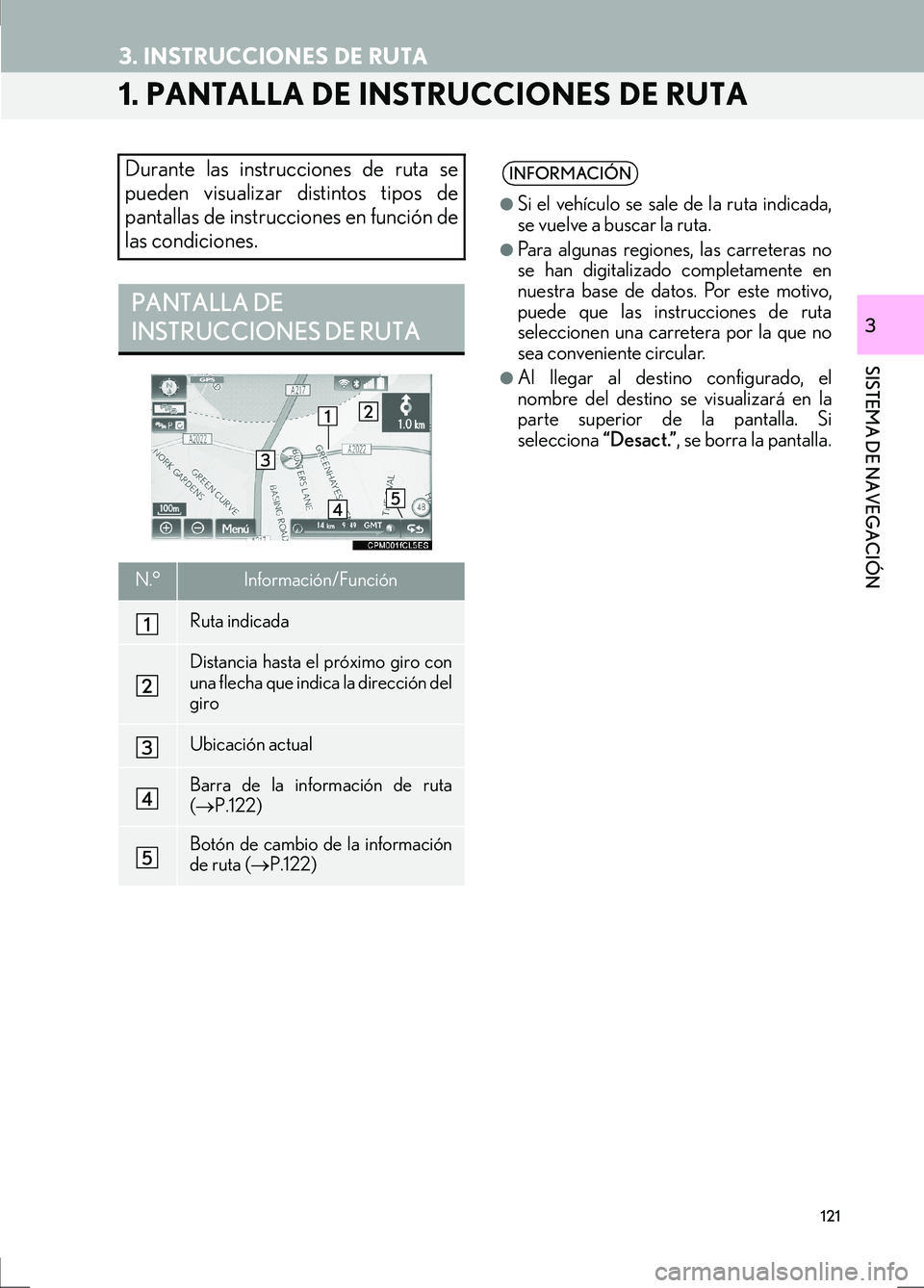 Lexus IS300h 2017  Manual de navegación (in Spanish) 121
IS_Navi_ES
SISTEMA DE NAVEGACIÓN
3
3. INSTRUCCIONES DE RUTA
1. PANTALLA DE INSTRUCCIONES DE RUTA
Durante las instrucciones de ruta se
pueden visualizar distintos tipos de
pantallas de instruccion