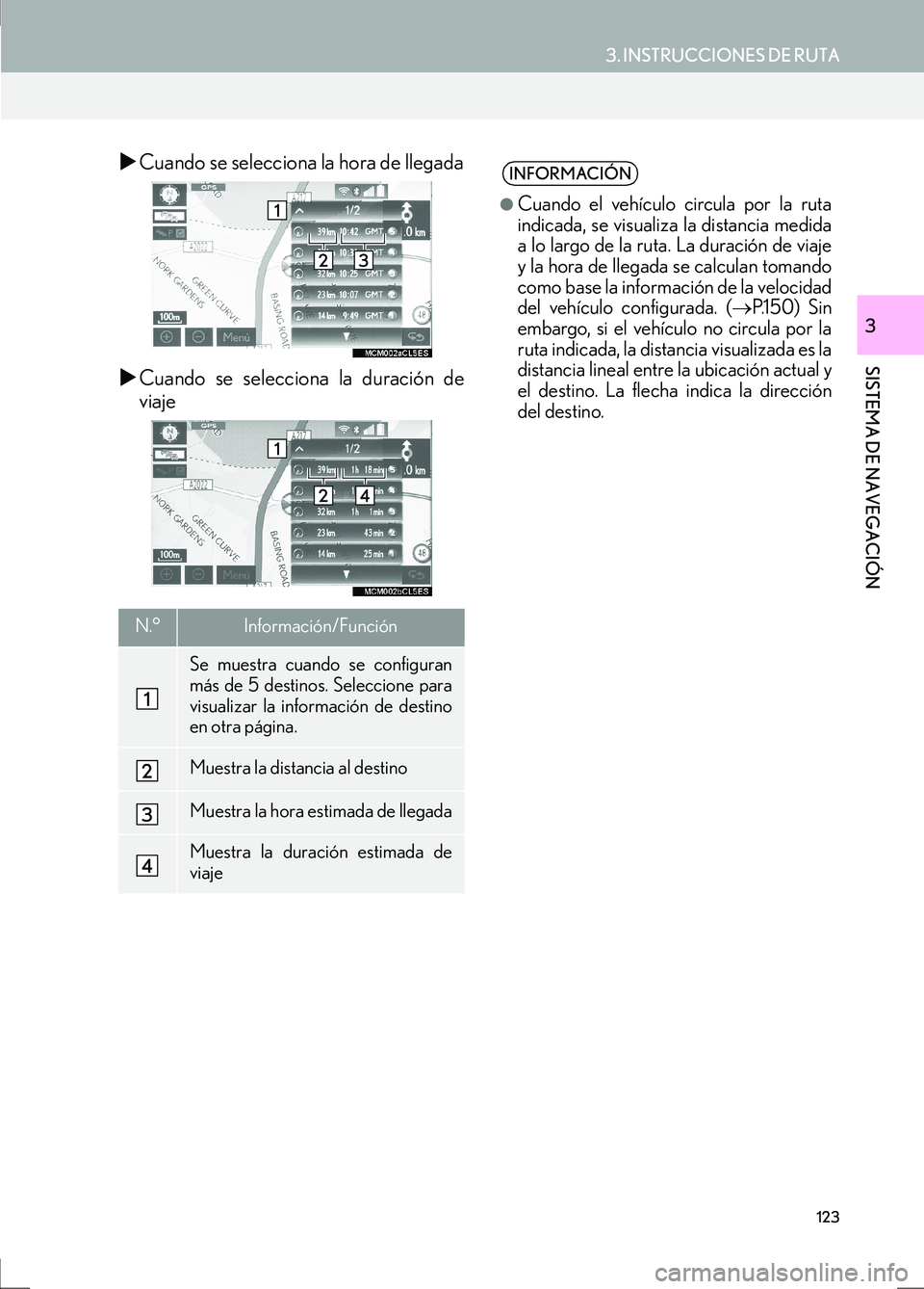 Lexus IS300h 2017  Manual de navegación (in Spanish) 123
3. INSTRUCCIONES DE RUTA
IS_Navi_ES
SISTEMA DE NAVEGACIÓN
3
�XCuando se selecciona la hora de llegada
�X Cuando se selecciona la duración de
viaje
N.°Información/Función
Se muestra cuando se 