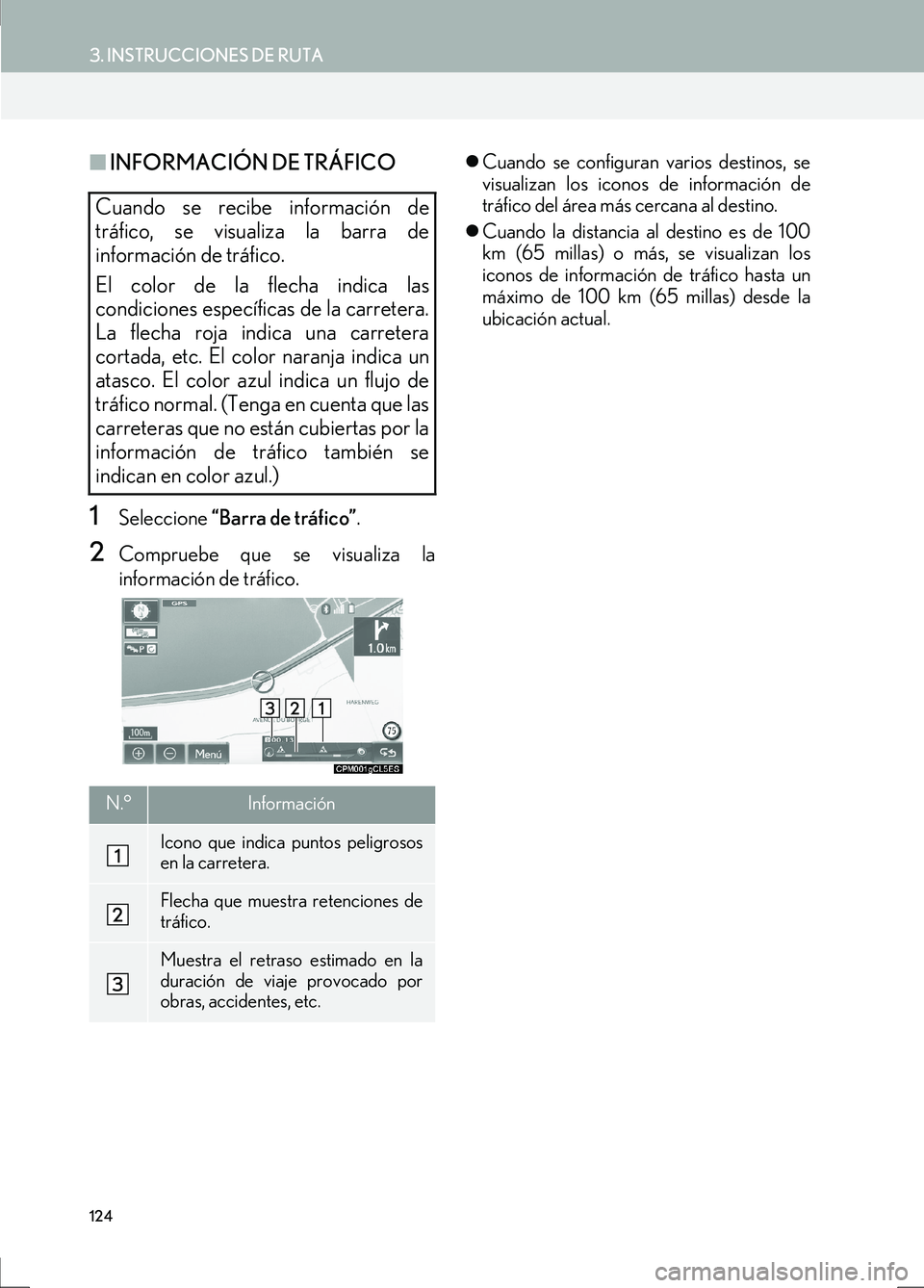 Lexus IS300h 2017  Manual de navegación (in Spanish) 124
3. INSTRUCCIONES DE RUTA
IS_Navi_ES
■INFORMACIÓN DE TRÁFICO
1Seleccione  “Barra de tráfico” .
2Compruebe que se visualiza la
información de tráfico.
�zCuando se configuran varios destin