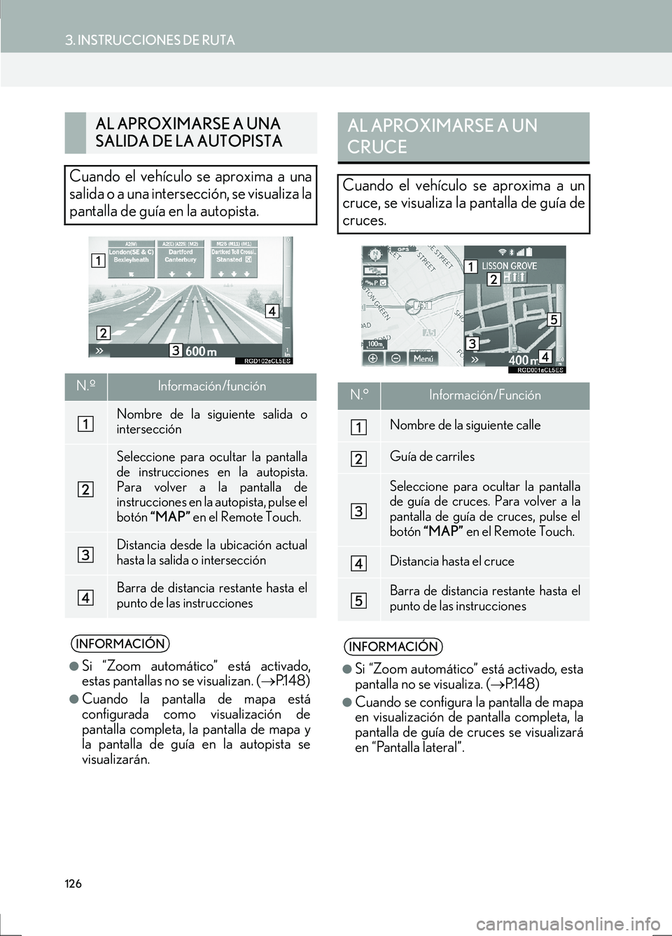 Lexus IS300h 2017  Manual de navegación (in Spanish) 126
3. INSTRUCCIONES DE RUTA
IS_Navi_ES
AL APROXIMARSE A UNA 
SALIDA DE LA AUTOPISTA
Cuando el vehículo se aproxima a una
salida o a una intersección, se visualiza la
pantalla de guía en la autopis
