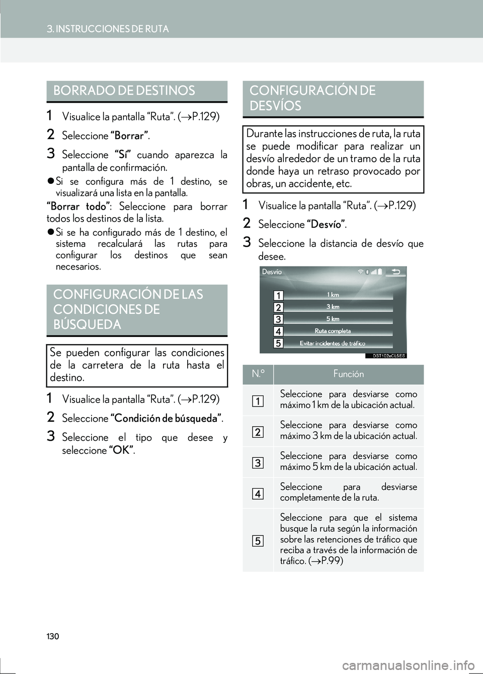 Lexus IS300h 2017  Manual de navegación (in Spanish) 130
3. INSTRUCCIONES DE RUTA
IS_Navi_ES
1Visualice la pantalla “Ruta”. (→P.129)
2Seleccione  “Borrar”.
3Seleccione  “Sí” cuando aparezca la
pantalla de confirmación.
�z Si se configura
