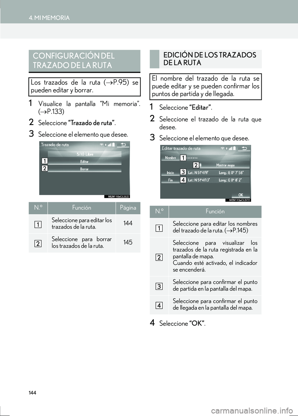Lexus IS300h 2017 Manual de navegación (in Spanish) 144
4. MI MEMORIA
IS_Navi_ES
1Visualice la pantalla “Mi memoria”.
(→ P.133)
2Seleccione “Trazado de ruta” .
3Seleccione el elemento que desee.
1Seleccione “Editar”.
2Seleccione el traza Lexus IS300h 2017 Manual de navegación (in Spanish) 144
4. MI MEMORIA
IS_Navi_ES
1Visualice la pantalla “Mi memoria”.
(→ P.133)
2Seleccione “Trazado de ruta” .
3Seleccione el elemento que desee.
1Seleccione “Editar”.
2Seleccione el traza