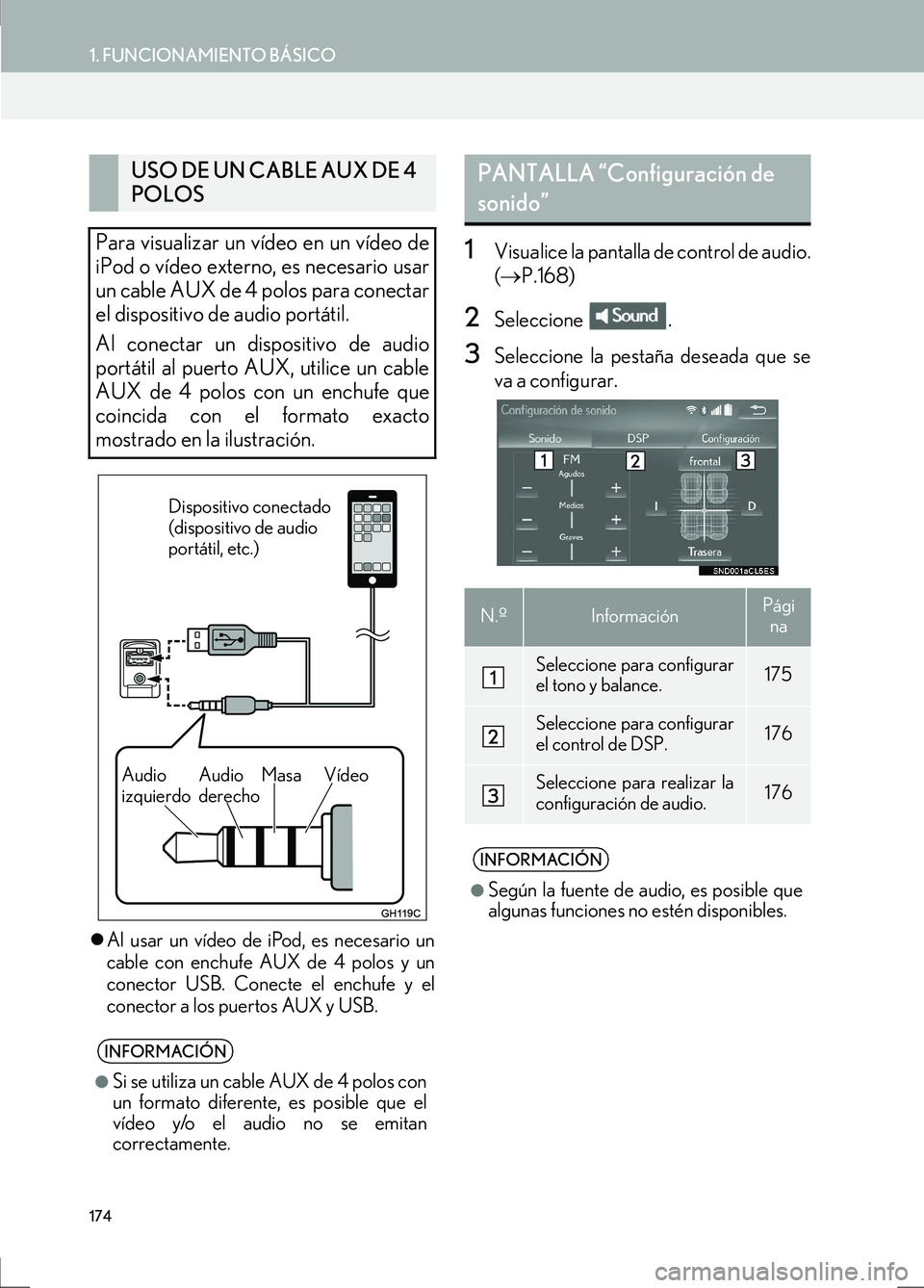 Lexus IS300h 2017  Manual de navegación (in Spanish) 174
1. FUNCIONAMIENTO BÁSICO
IS_Navi_ES
�zAl usar un vídeo de iPod, es necesario un
cable con enchufe AUX de 4 polos y un
conector USB. Conecte el enchufe y el
conector a los puertos AUX y USB.
1Vis