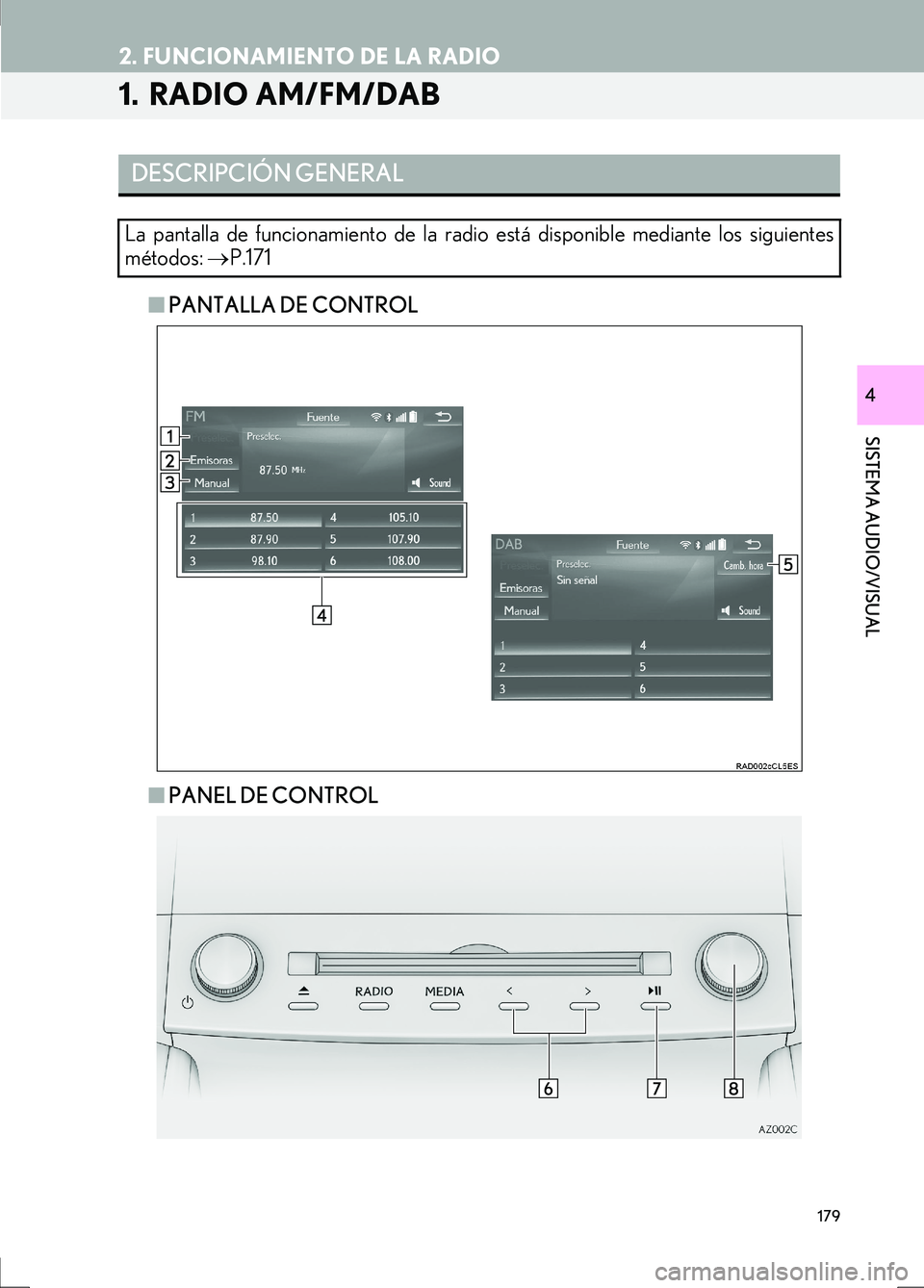 Lexus IS300h 2017  Manual de navegación (in Spanish) IS_Navi_ES
179
SISTEMA AUDIO/VISUAL
4
2. FUNCIONAMIENTO DE LA RADIO
1.  RADIO AM/FM/DAB
■PANTALLA DE CONTROL
■ PANEL DE CONTROL
DESCRIPCIÓN GENERAL
La pantalla de funcionamiento de la radio está
