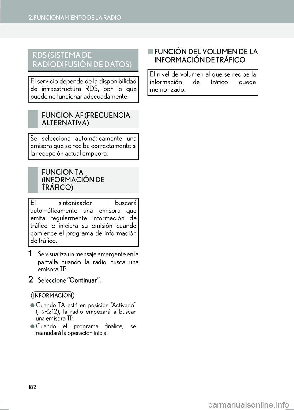 Lexus IS300h 2017 Manual de navegación (in Spanish) 182
2. FUNCIONAMIENTO DE LA RADIO
IS_Navi_ES
1Se visualiza un mensaje emergente en la
pantalla cuando la radio busca una
emisora TP.
2Seleccione “Continuar ” .
■FUNCIÓN DEL VOLUMEN DE LA
INFORM Lexus IS300h 2017 Manual de navegación (in Spanish) 182
2. FUNCIONAMIENTO DE LA RADIO
IS_Navi_ES
1Se visualiza un mensaje emergente en la
pantalla cuando la radio busca una
emisora TP.
2Seleccione “Continuar ” .
■FUNCIÓN DEL VOLUMEN DE LA
INFORM