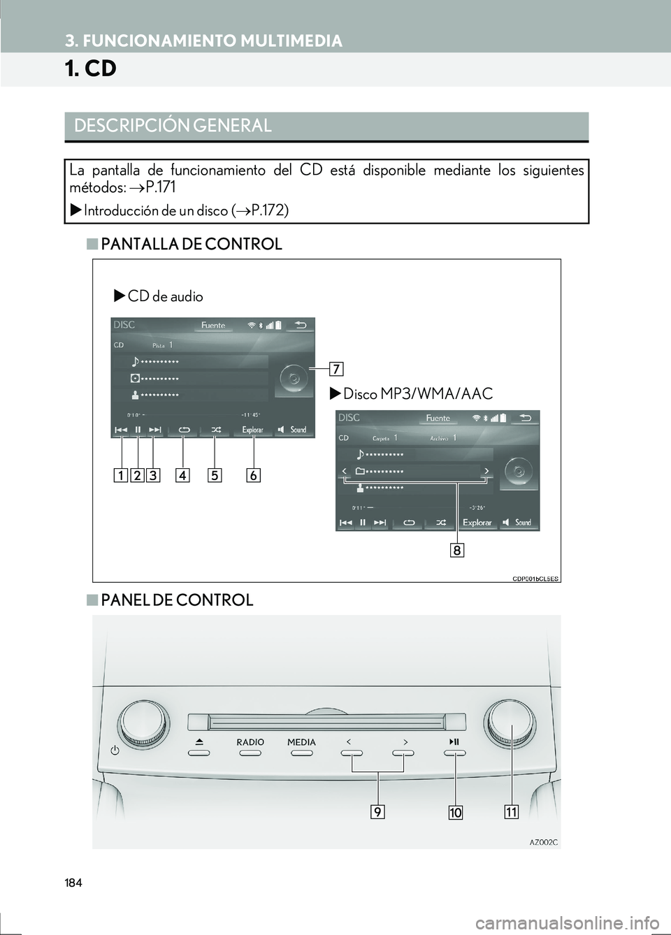 Lexus IS300h 2017 Manual de navegación (in Spanish) 184
IS_Navi_ES
3. FUNCIONAMIENTO MULTIMEDIA
1. CD
■PANTALLA DE CONTROL
■ PANEL DE CONTROL
DESCRIPCIÓN GENERAL
La pantalla de funcionamiento del CD está disponible mediante los siguientes
método Lexus IS300h 2017 Manual de navegación (in Spanish) 184
IS_Navi_ES
3. FUNCIONAMIENTO MULTIMEDIA
1. CD
■PANTALLA DE CONTROL
■ PANEL DE CONTROL
DESCRIPCIÓN GENERAL
La pantalla de funcionamiento del CD está disponible mediante los siguientes
método