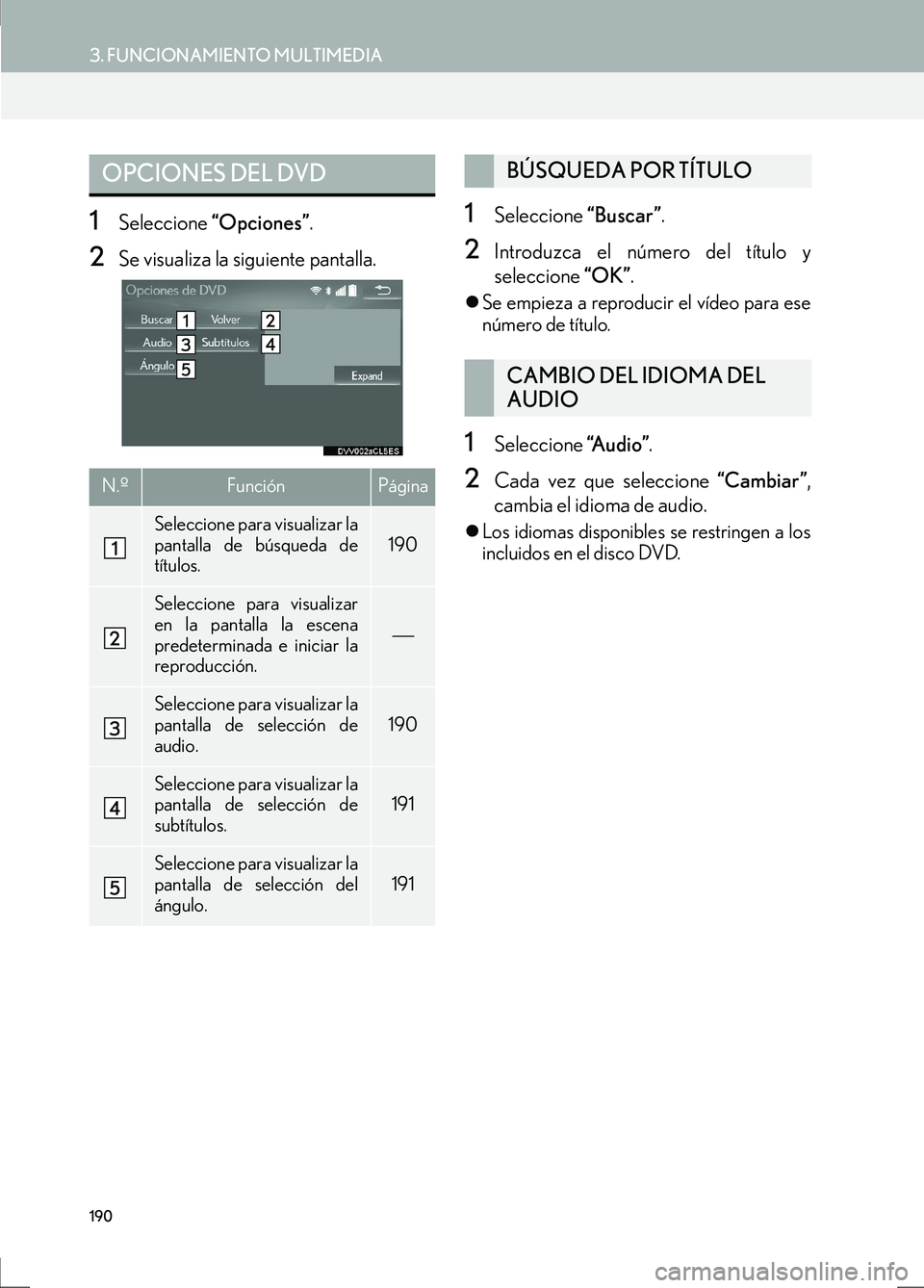 Lexus IS300h 2017  Manual de navegación (in Spanish) 190
3. FUNCIONAMIENTO MULTIMEDIA
IS_Navi_ES
1Seleccione “Opciones” .
2Se visualiza la siguiente pantalla. 
1Seleccione “Buscar”.
2Introduzca el número del título y
seleccione  “OK”.
�zSe