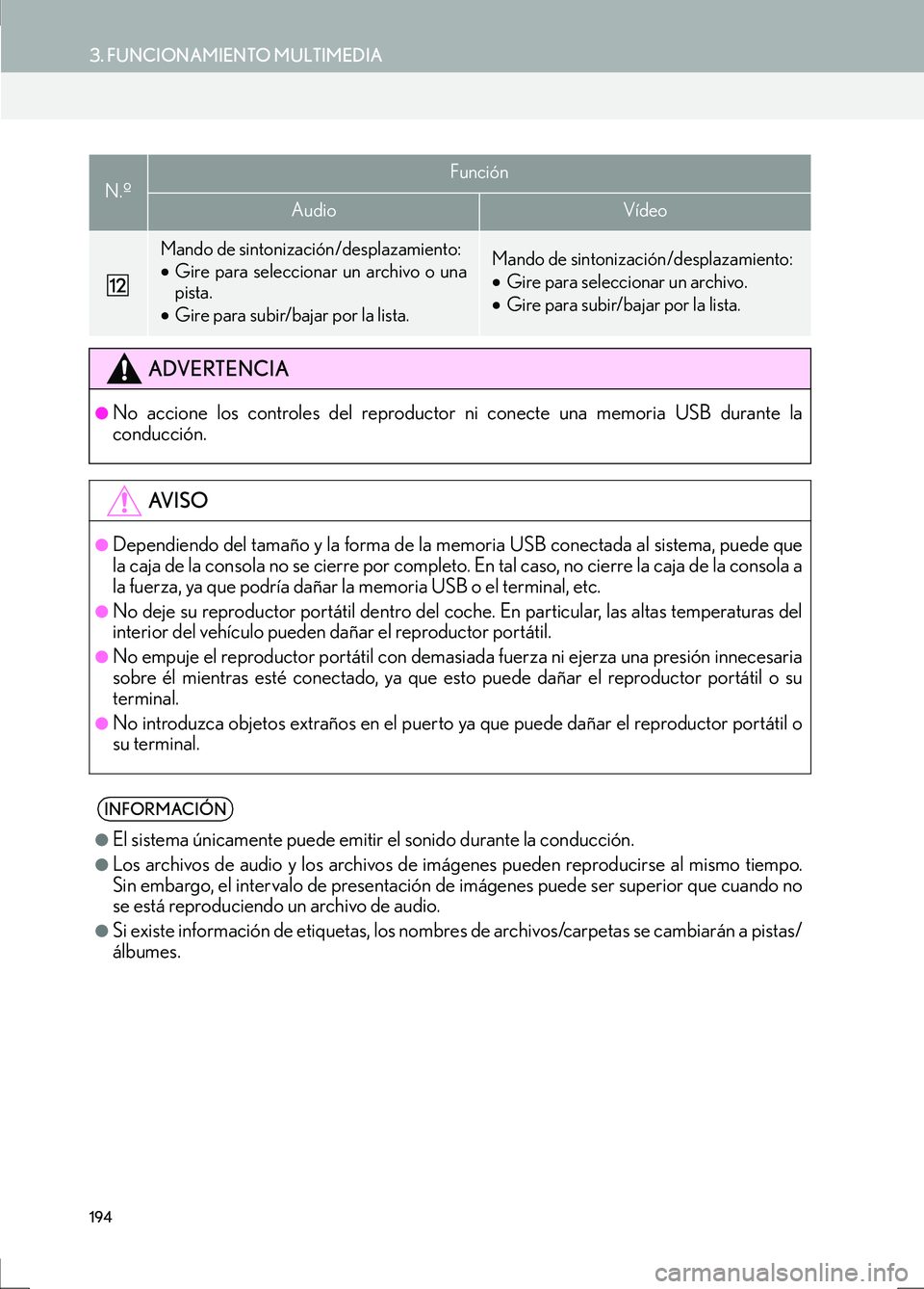 Lexus IS300h 2017 Manual de navegación (in Spanish) 194
3. FUNCIONAMIENTO MULTIMEDIA
IS_Navi_ES
Mando de sintonización/desplazamiento:
•Gire para seleccionar un archivo o una
pista.
• Gire para subir/bajar por la lista.Mando de sintonización/desp Lexus IS300h 2017 Manual de navegación (in Spanish) 194
3. FUNCIONAMIENTO MULTIMEDIA
IS_Navi_ES
Mando de sintonización/desplazamiento:
•Gire para seleccionar un archivo o una
pista.
• Gire para subir/bajar por la lista.Mando de sintonización/desp