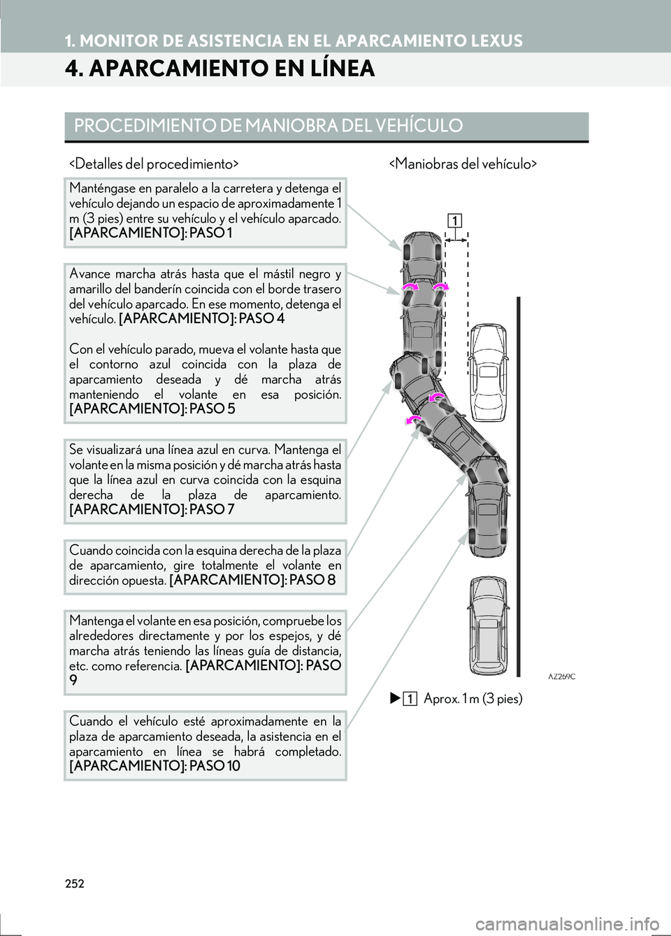 Lexus IS300h 2017  Manual de navegación (in Spanish) 252
1. MONITOR DE ASISTENCIA EN EL APARCAMIENTO LEXUS
IS_Navi_ES
4. APARCAMIENTO EN LÍNEA
PROCEDIMIENTO DE MANIOBRA DEL VEHÍCULO
<Detalles del procedimiento> <Maniobras del vehículo>
Manténgase en