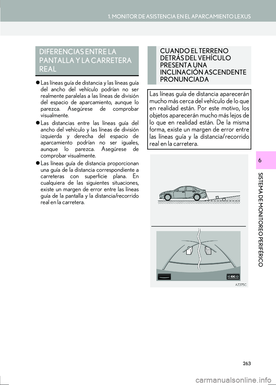 Lexus IS300h 2017  Manual de navegación (in Spanish) 263
1. MONITOR DE ASISTENCIA EN EL APARCAMIENTO LEXUS
SISTEMA DE MONITOREO PERIFÉRICO
IS_Navi_ES
6
�zLas líneas guía de distancia y las líneas guía
del ancho del vehículo podrían no ser
realmen