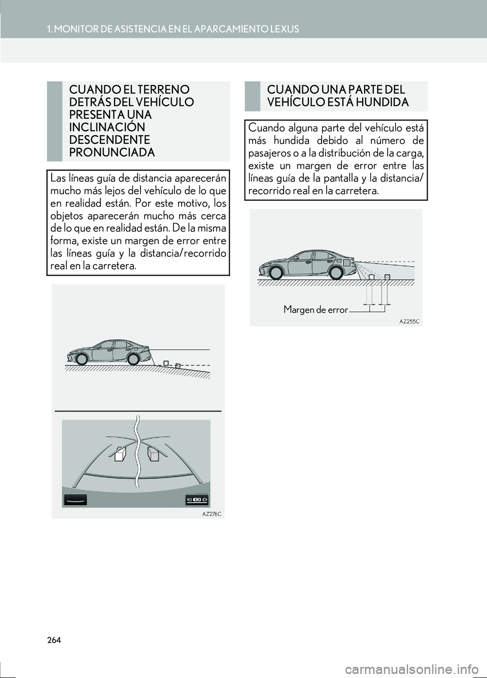 Lexus IS300h 2017  Manual de navegación (in Spanish) 264
1. MONITOR DE ASISTENCIA EN EL APARCAMIENTO LEXUS
IS_Navi_ES
CUANDO EL TERRENO 
DETRÁS DEL VEHÍCULO 
PRESENTA UNA 
INCLINACIÓN 
DESCENDENTE 
PRONUNCIADA
Las líneas guía de distancia aparecer
