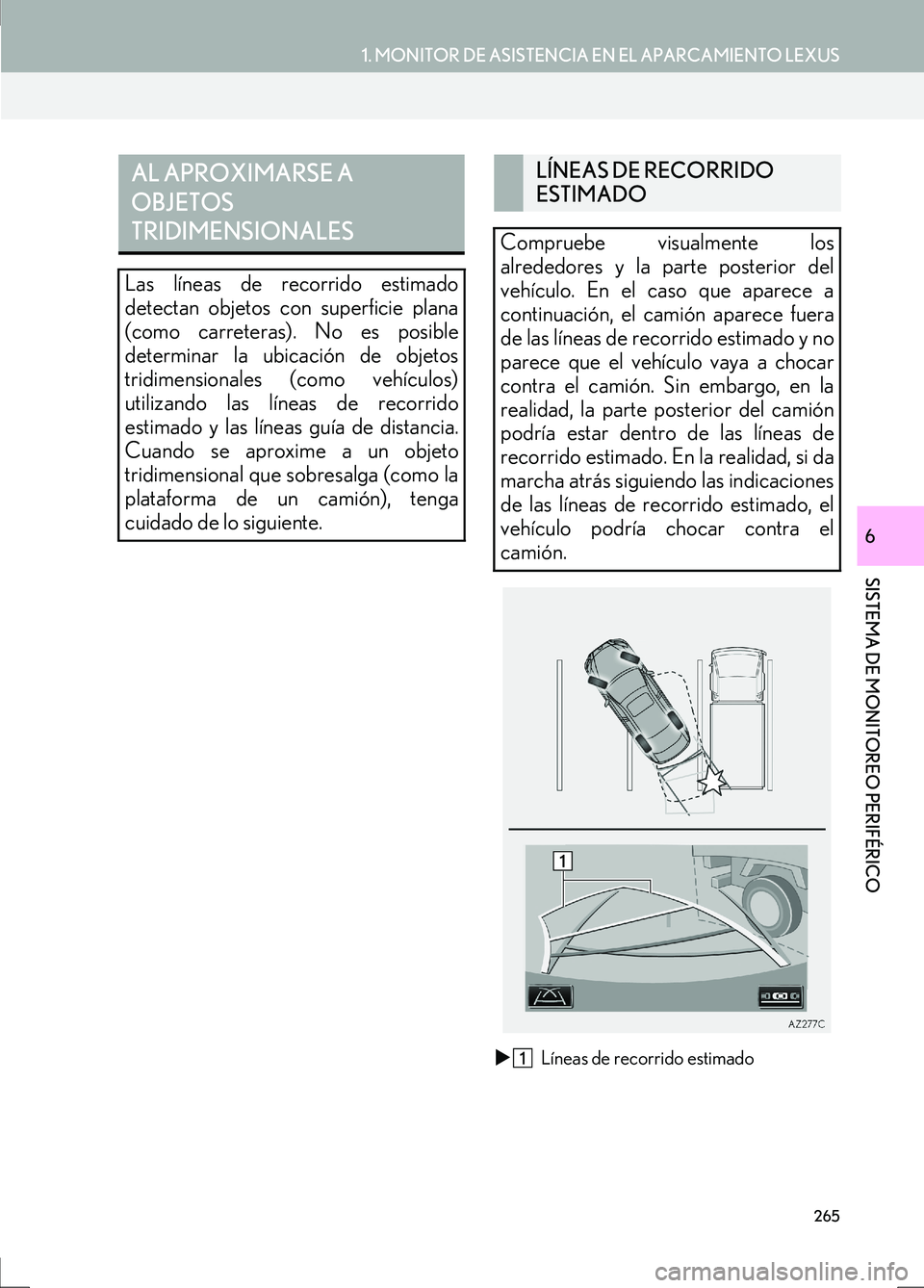 Lexus IS300h 2017  Manual de navegación (in Spanish) 265
1. MONITOR DE ASISTENCIA EN EL APARCAMIENTO LEXUS
SISTEMA DE MONITOREO PERIFÉRICO
IS_Navi_ES
6
�XLíneas de recorrido estimado
AL APROXIMARSE A 
OBJETOS 
TRIDIMENSIONALES
Las líneas de recorrido