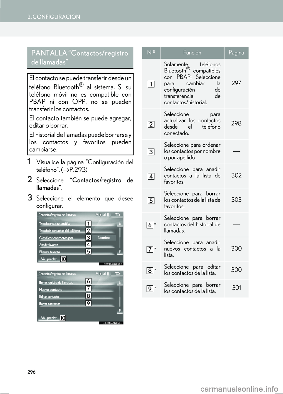 Lexus IS300h 2017  Manual de navegación (in Spanish) 296
2. CONFIGURACIÓN
IS_Navi_ES
1Visualice la página “Configuración del
teléfono”. (→P.293)
2Seleccione  “Contactos/registro de
llamadas” .
3Seleccione el elemento que desee
configurar.
