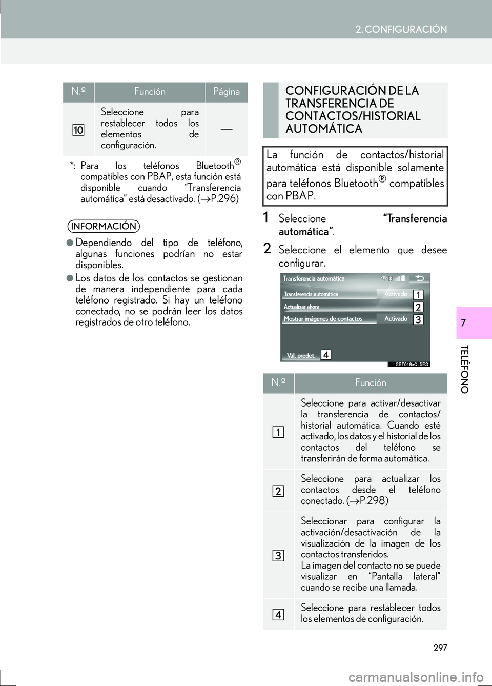 Lexus IS300h 2017  Manual de navegación (in Spanish) 2. CONFIGURACIÓN
IS_Navi_ES
297
TELÉFONO
7
1Seleccione “Transferencia
automática” .
2Seleccione el elemento que desee
configurar.
Seleccione para
restablecer todos los
elementos de
configuraci