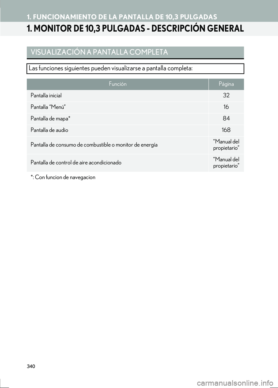 Lexus IS300h 2017  Manual de navegación (in Spanish) 340
IS_Navi_ES
16.08.16     14:21
1. FUNCIONAMIENTO DE LA PANTALLA DE 10,3 PULGADAS
1. MONITOR DE 10,3 PULGADAS - DESCRIPCIÓN GENERAL
VISUALIZACIÓN A PANTALLA COMPLETA
Las funciones siguientes puede