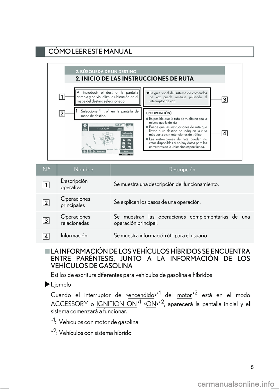 Lexus IS300h 2017  Manual de navegación (in Spanish) 5
IS_Navi_ES
■LA INFORMACIÓN DE LOS VEHÍCULOS HÍBRIDOS SE ENCUENTRA
ENTRE PARÉNTESIS, JUNTO A LA INFORMACIÓN DE LOS
VEHÍCULOS DE GASOLINA
Estilos de escritura diferentes para vehículos de gas