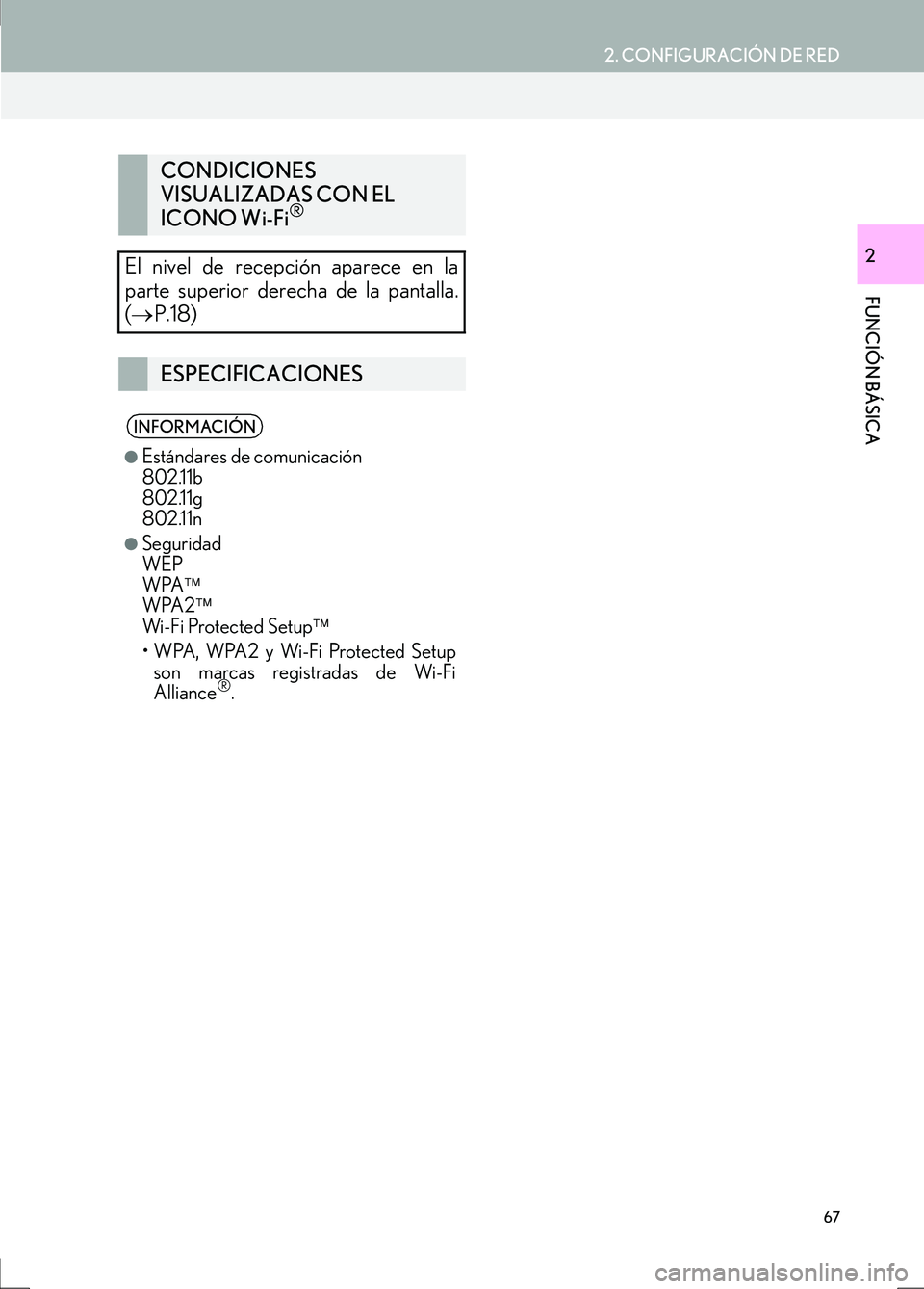 Lexus IS300h 2017  Manual de navegación (in Spanish) 67
2. CONFIGURACIÓN DE RED
IS_Navi_ES
FUNCIÓN BÁSICA
2
CONDICIONES 
VISUALIZADAS CON EL 
ICONO Wi-Fi
®
El nivel de recepción aparece en la
parte superior derecha de la pantalla.
(→ P.18)
ESPECI