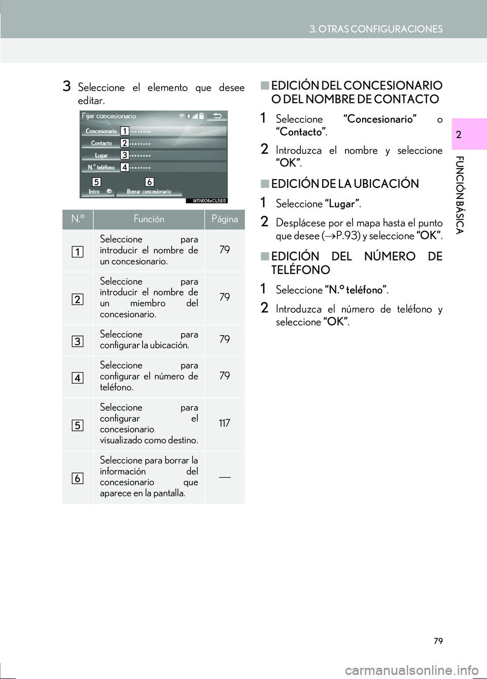 Lexus IS300h 2017  Manual de navegación (in Spanish) 79
3. OTRAS CONFIGURACIONES
IS_Navi_ES
FUNCIÓN BÁSICA
2
3Seleccione el elemento que desee
editar.■EDICIÓN DEL CONCESIONARIO
O DEL NOMBRE DE CONTACTO
1Seleccione  “Concesionario”  o
“Contact