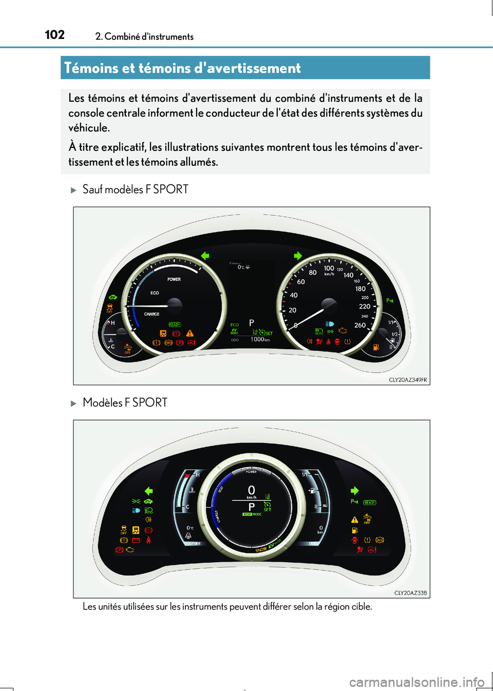 Lexus IS300h 2017 Manuel du propriétaire (in French) 102
IS300h_EK(OM53D90K)
2. Combiné dinstruments
Sauf modèles F SPORT
Modèles F SPORT
Les unités utilisées sur les instruments peuvent différer selon la région cible.
Témoins et témoins Lexus IS300h 2017 Manuel du propriétaire (in French) 102
IS300h_EK(OM53D90K)
2. Combiné dinstruments
Sauf modèles F SPORT
Modèles F SPORT
Les unités utilisées sur les instruments peuvent différer selon la région cible.
Témoins et témoins