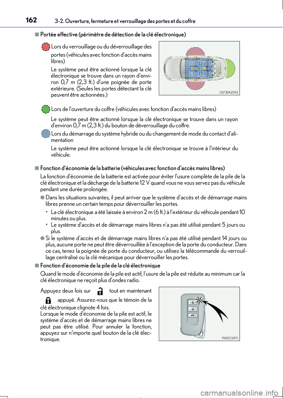Lexus IS300h 2017  Manuel du propriétaire (in French) 1623-2. Ouverture, fermeture et verrouillage des portes et du coffre
IS300h_EK(OM53D90K)
■Portée effective (périmètre de détection de la clé électronique)
■Fonction déconomie de la batteri