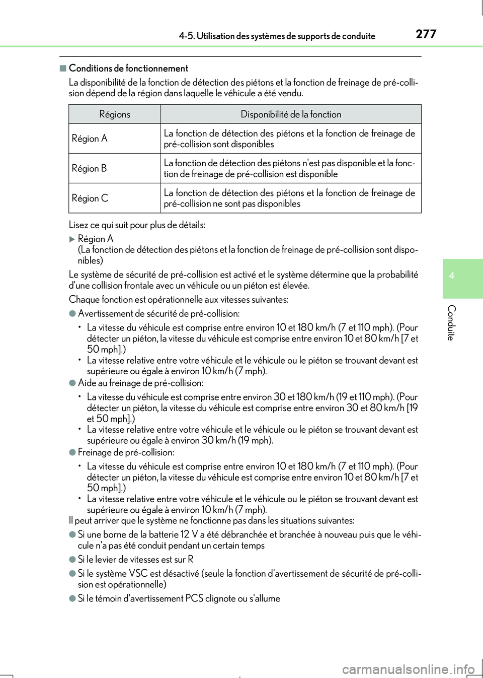 Lexus IS300h 2017  Manuel du propriétaire (in French) 2774-5. Utilisation des systèmes de supports de conduite
4
Conduite
IS300h_EK(OM53D90K)
■Conditions de fonctionnement 
La disponibilité de la fonction de détection des  piétons et la fonction de
