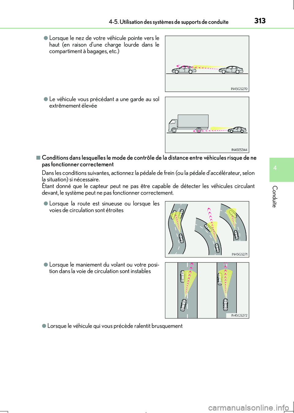 Lexus IS300h 2017  Manuel du propriétaire (in French) 3134-5. Utilisation des systèmes de supports de conduite
4
Conduite
IS300h_EK(OM53D90K)
■Conditions dans lesquelles le mode de contrôle de la distance entre véhicules risque de ne 
pas fonctionne