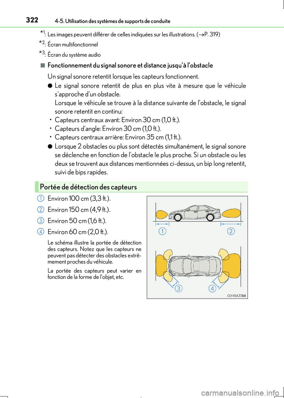 Lexus IS300h 2017  Manuel du propriétaire (in French) 3224-5. Utilisation des systèmes de supports de conduite
IS300h_EK(OM53D90K)
*1: Les images peuvent différer de celles indiquées sur les illustrations. (P. 319)
*2: Écran multifonctionnel
*3: 