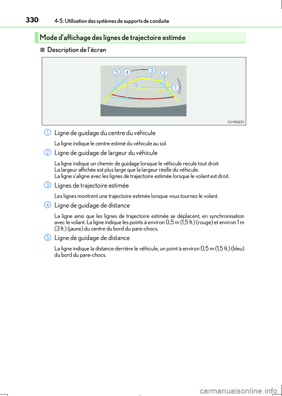 Lexus IS300h 2017  Manuel du propriétaire (in French) 3304-5. Utilisation des systèmes de supports de conduite
IS300h_EK(OM53D90K) 
■Description de lécran 
Ligne de guidage du centre du véhicule
La ligne indique le centre  estimé du véhicule au s
