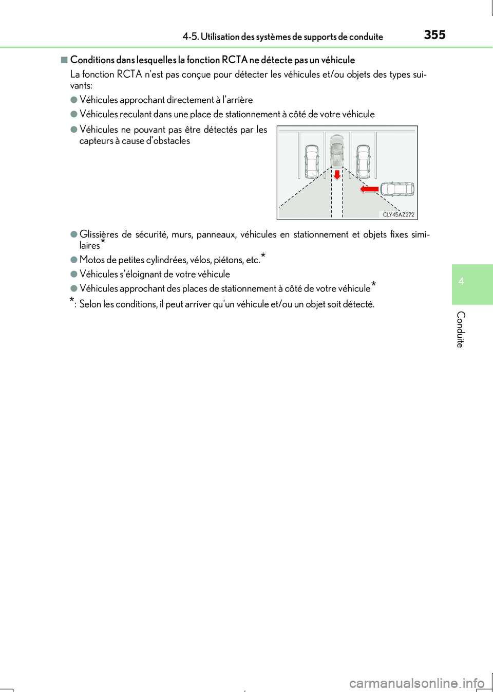 Lexus IS300h 2017  Manuel du propriétaire (in French) 3554-5. Utilisation des systèmes de supports de conduite
4
Conduite
IS300h_EK(OM53D90K)
■Conditions dans lesquelles la fonction RCTA ne détecte pas un véhicule 
La fonction RCTA nest pas conçue